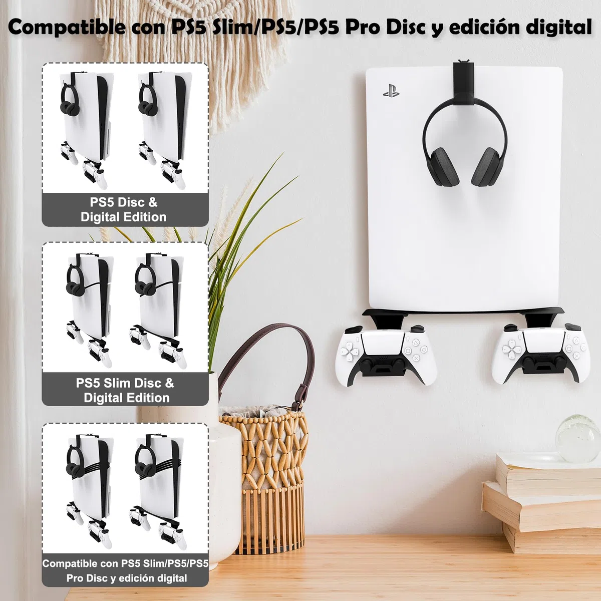 Soporte de Pared para PS5/PS5 Slim/PS5 Pro Soporte de Pared para Consola PS5/PS5 Slim con Soporte para Controlador y Soporte para Auriculares - Accesorios PS5 de Metal sólido - Negro