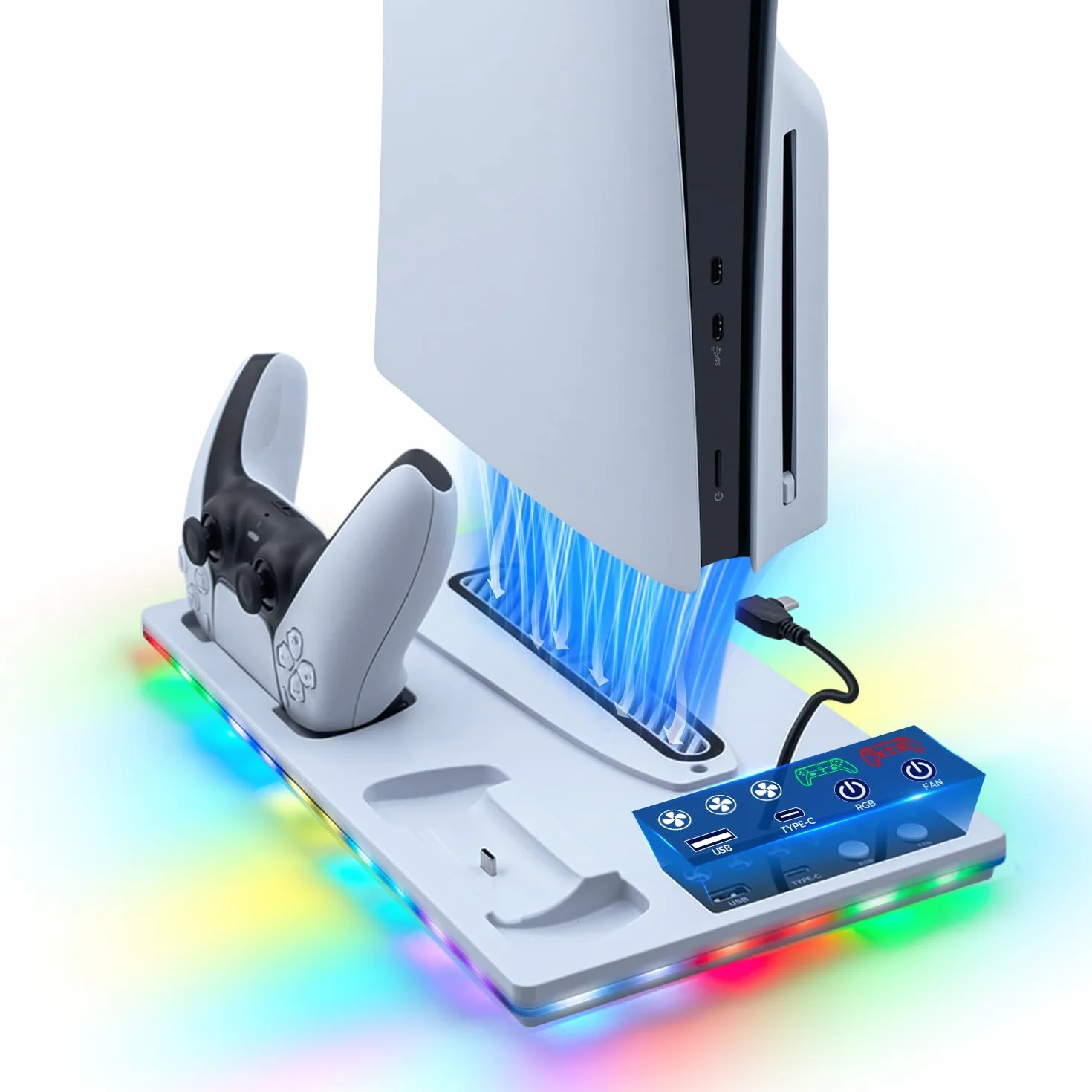 Soporte para PS5 / Slim/Pro, Ventilador de Refrigeración de 3 Velocidades, Cargador de Controlador para PS5 con Indicador RGB, Estación de Carga PS5 Slim Digital/Disc Edition con 2 USB