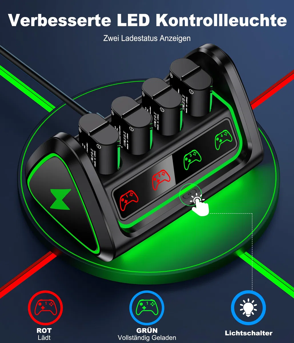 Batería para controlador de Xbox con 4 baterías recargables de 5220 mWh para Xbox One/Xbox Series X/S, batería para Xbox One, estación de carga con interruptor táctil y puerto de carga USB, paquete de