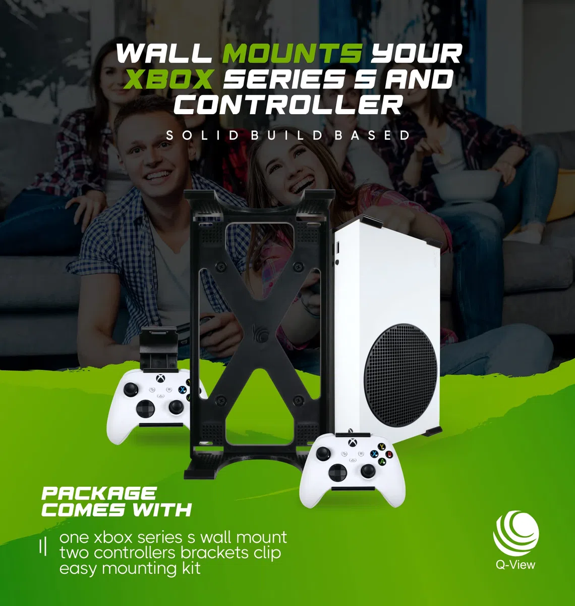 Soporte de pared y controladores Xbox Series S por Q-View - Se monta firmemente debajo del escritorio - Diseño Signature X - Tornillos y fijaciones incluidos - Fabricado en el Reino Unido - Plástico -