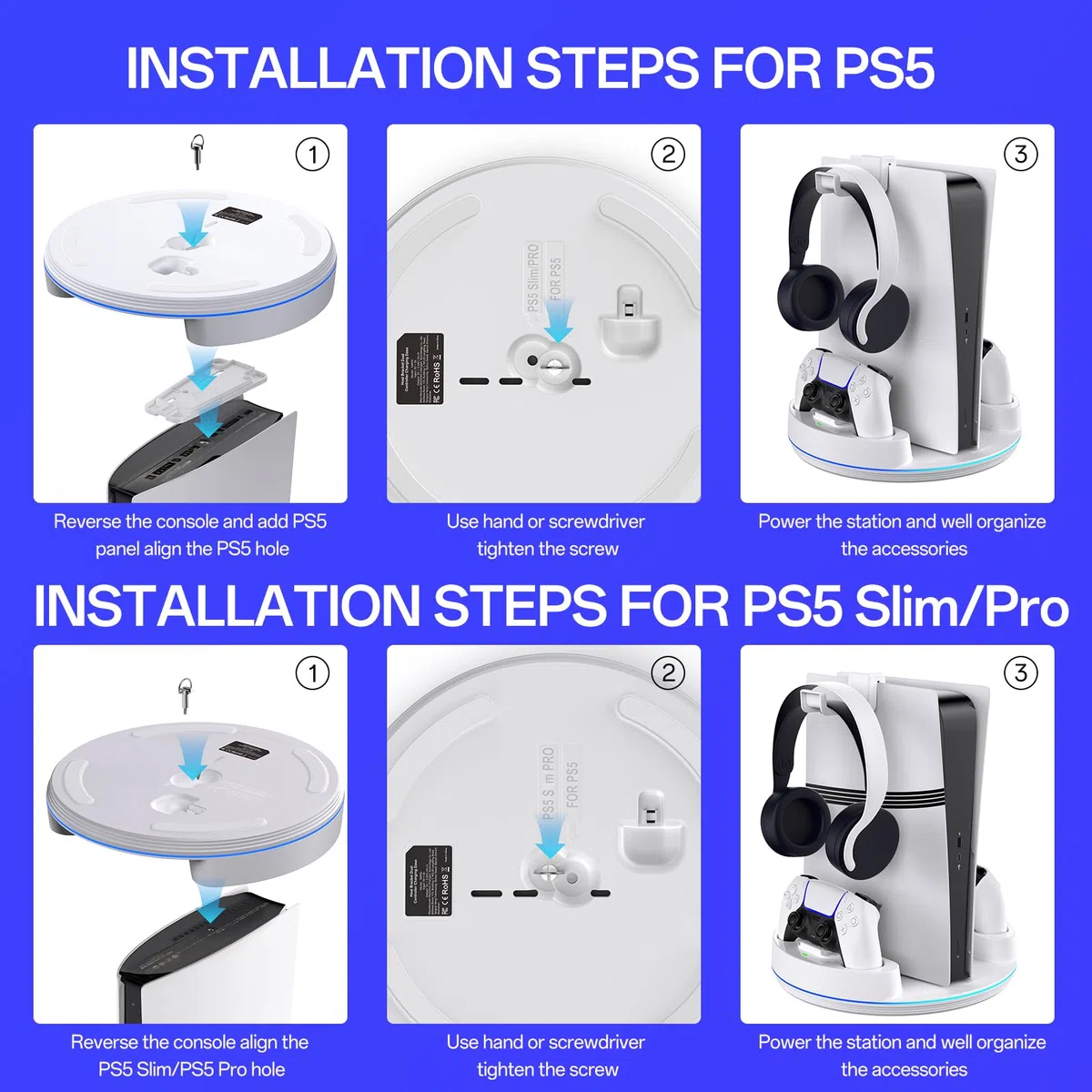 NEWDERY Soporte para PS5/PS5 Slim/PS 5 Pro, estación de Carga de Controlador Dual con luz RGB para PlayStation 5, Soporte Vertical para Consola Digital PlayStation 5/Disco, Color Blanco
