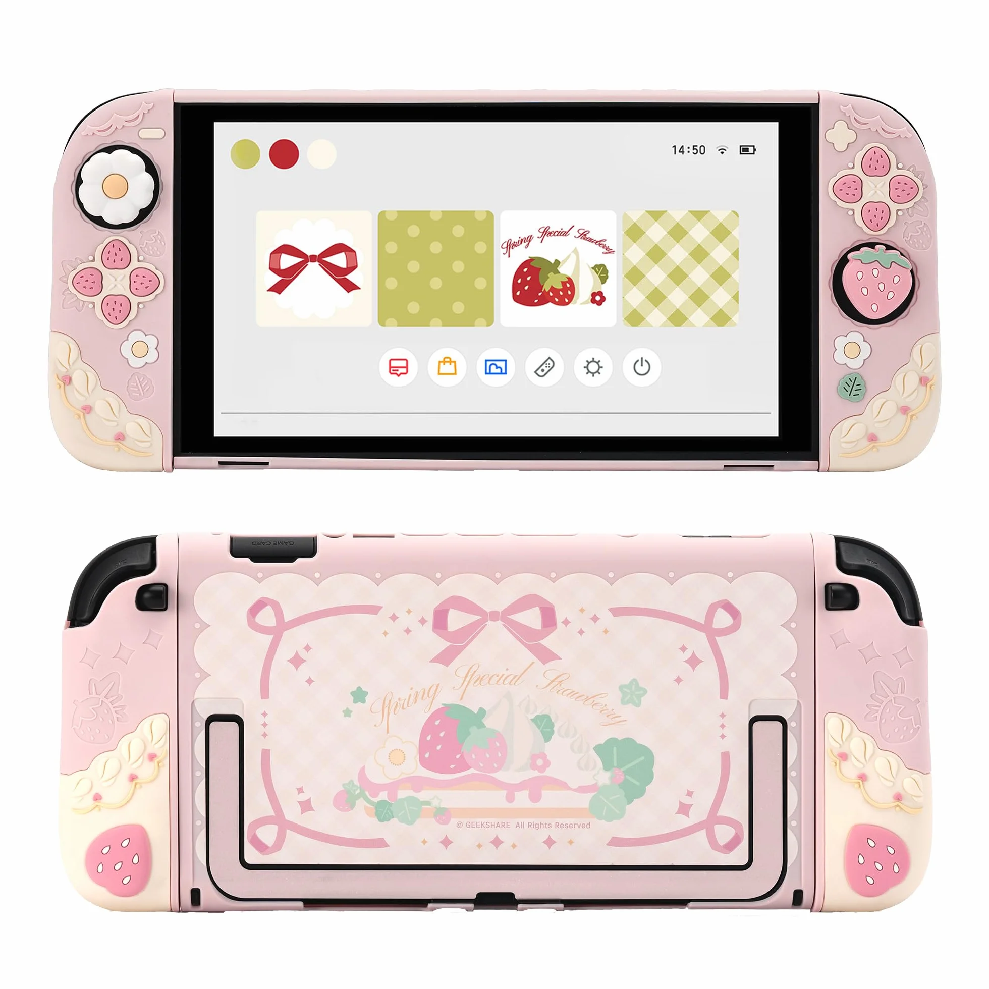 GeekShare Funda protectora de silicona suave compatible con Switch 2, antiarañazos, compatible con Switch 2, carcasa protectora separable con 2 tapas de agarre para el pulgar, fresas con crema (rosa)
