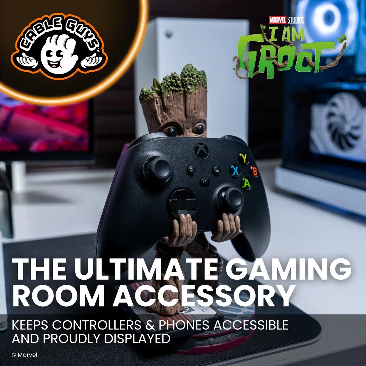 Cableguys Marvel Smiley Toddler Groot Soporte Mando y Movil - Figuras Soporte para movil y Mando, Compatible con Xbox, PlayStation y la mayoría de mandos estándar, Accesorios Escritorio Gaming
