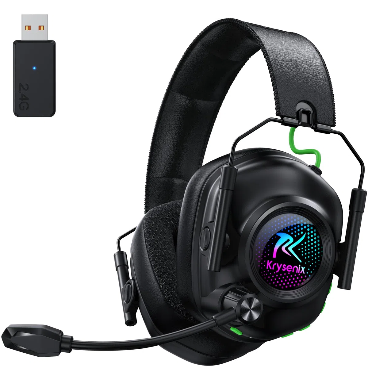 Krysenix KGH2 Cascos Gaming Inalámbricos, 2.4 GHz Auriculares Gaming para PS4, PS5, PC, Mac, Switch, Auriculares Bluetooth con Micrófono, Cancelación de Ruido, Luz LED y Duración 40Hr+, Negro