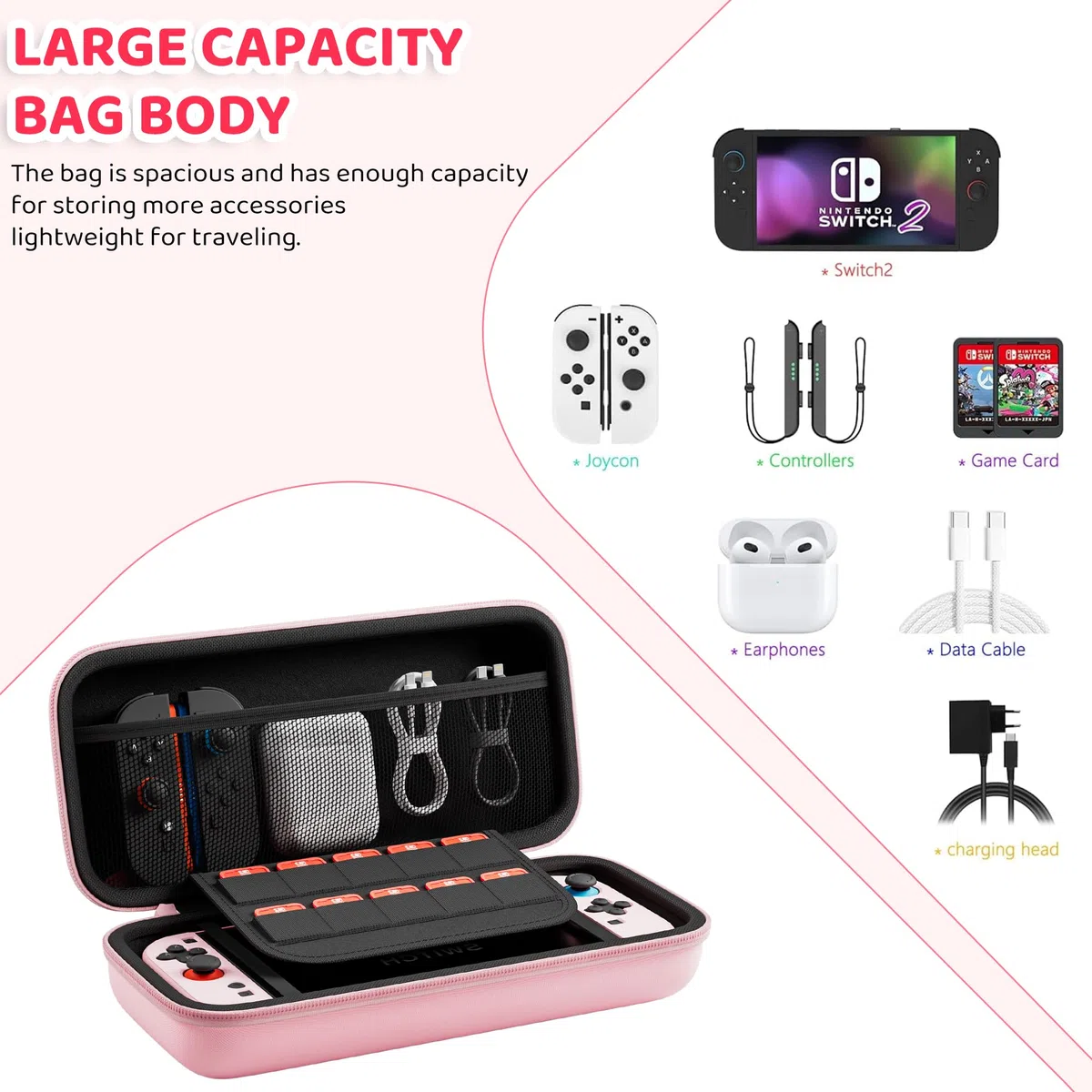 FANPL Paquete de funda rosa para Nintendo Switch 2 (2025) accesorios, funda rígida portátil con piel protectora, protector de pantalla, 2 agarres para el pulgar