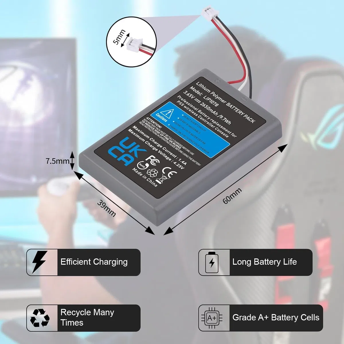 Pickle Power 2 x 2650mAh Batería Mando PS5, Batería LIP1078 para para Sony PlayStation 5 DualSense CFI-ZCT1W Controlador inalámbrico