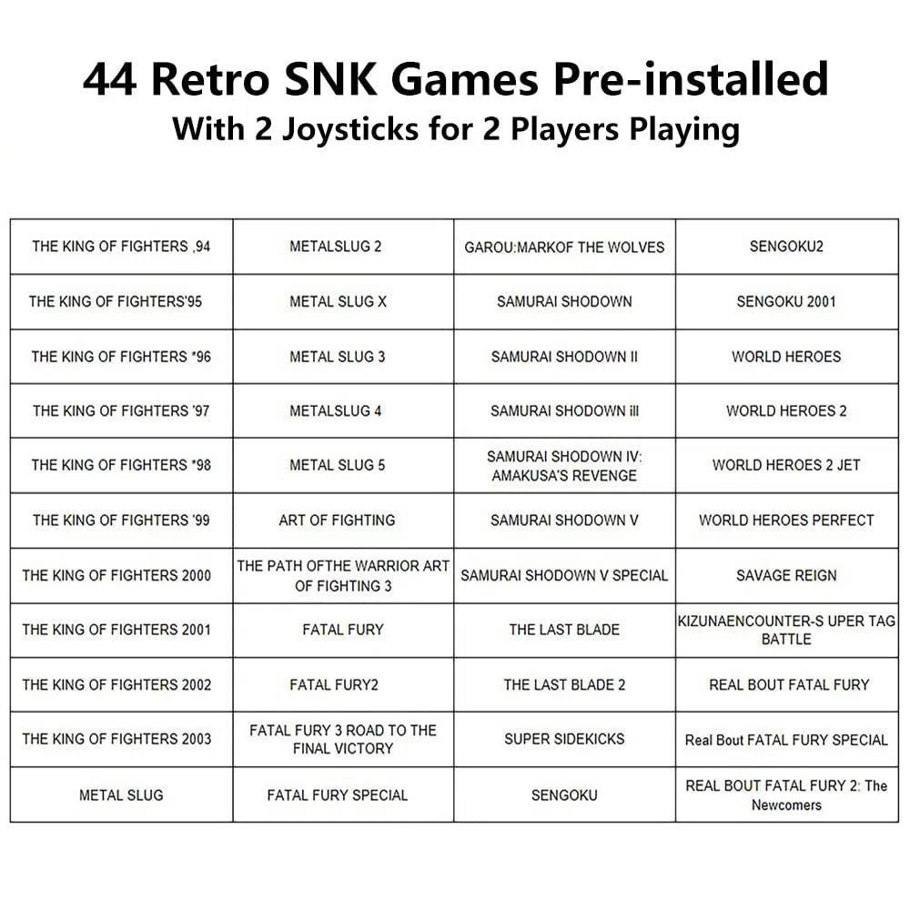 Unico Retro Arcade Console Stick, 44 Juegos SNK con licencia oficial precargados, Soporta salida AV y HDMI con 2 joysticks