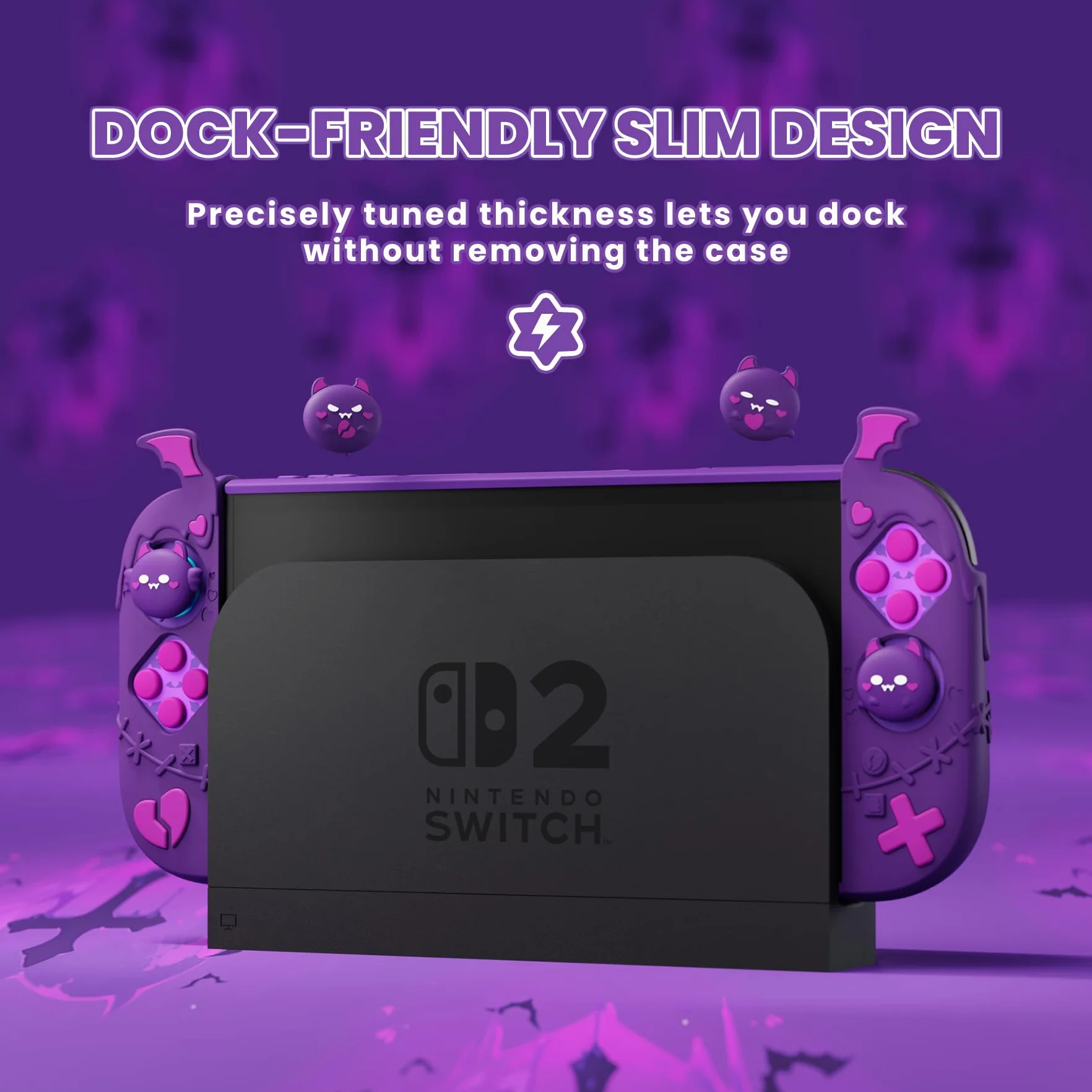 PlayVital Funda Protectora para Nintendo Switch 2, Agarre de Silicona Antideslizante & Carcasa Rígida Compatible con Dock, con Tapas para Joystick y Pegatina - Diseño Gótico (Violeta)
