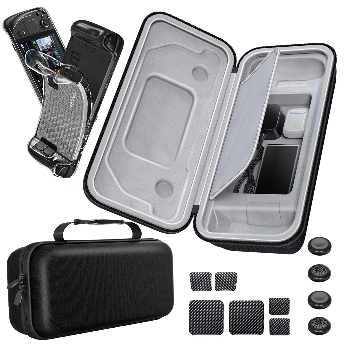 Mooroer Funda para Steam Deck, Funda de Transporte para Consola Valve Steam Deck Carcasa Funda de Transporte para Steam Deck Accesorio Kits con Tapas para Pulgares y Etiqueta Táctil