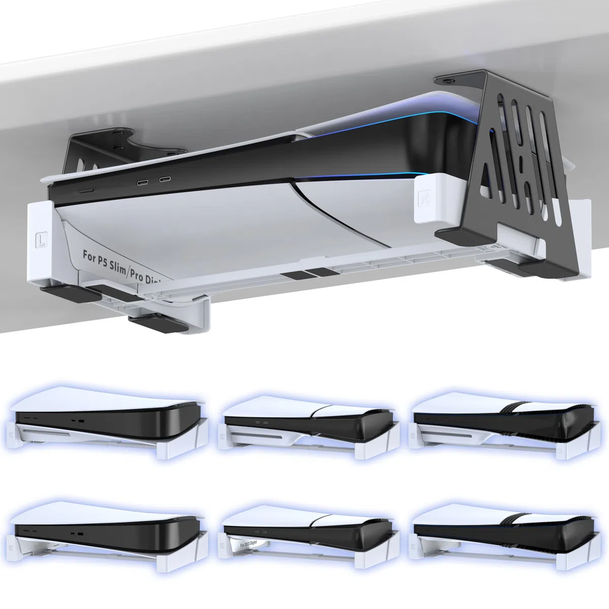 Soporte Bajo Mesa para PS5 para Todos PS5 Consola Disco & Digital, Horizontal Soporte Bajo Escritorio para PS 5 de Metal, Oculto Soportes para PS 5 Compatible con Consola PS5/Slim/Pro