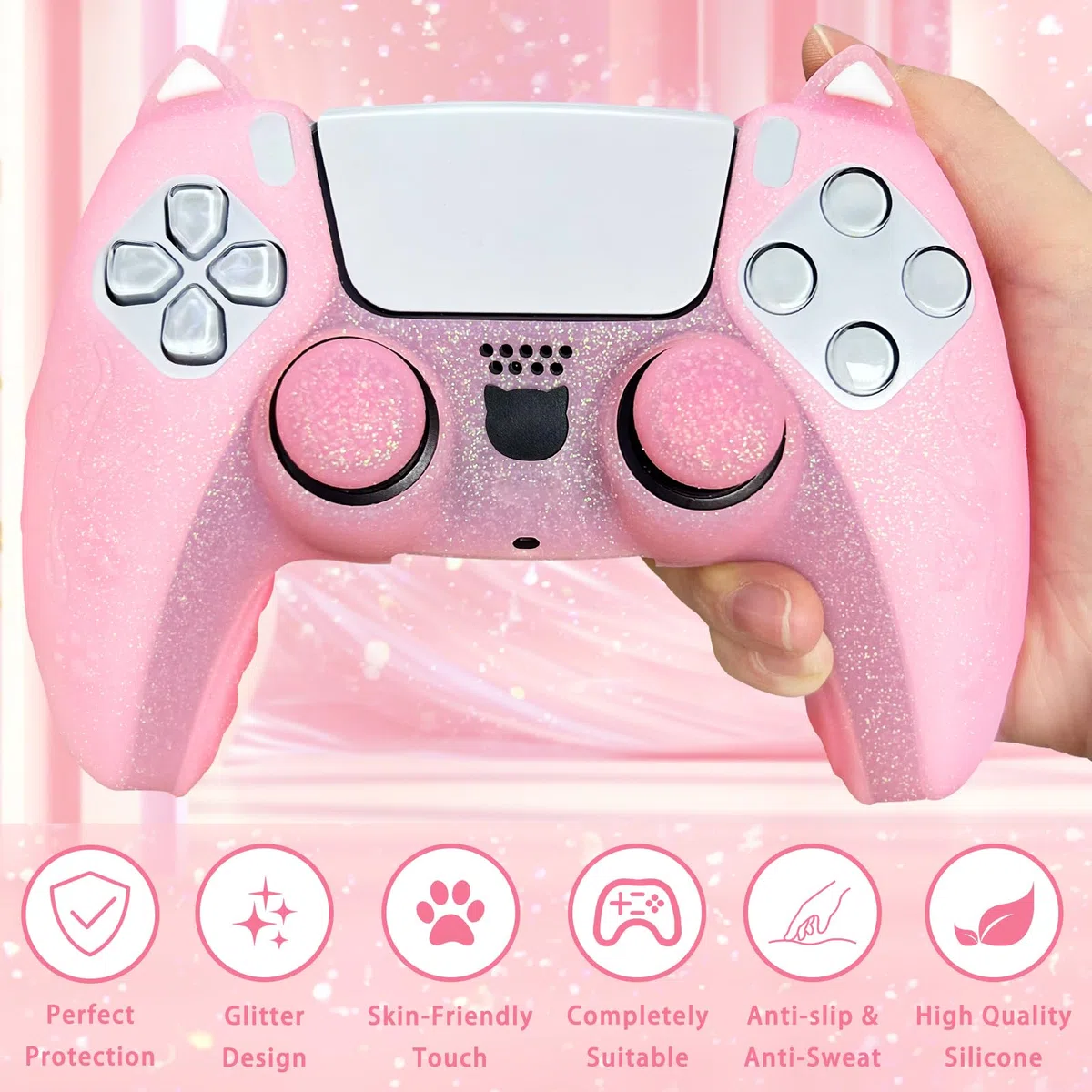 Funda Protectora de Silicona Antideslizante con Purpurina de Gato Rosa Compatible con Controlador PS5/Slim/Pro, 8 Tapas de Agarre para Pulgar con Purpurina y 2 Tapas de Agarre de Patas.