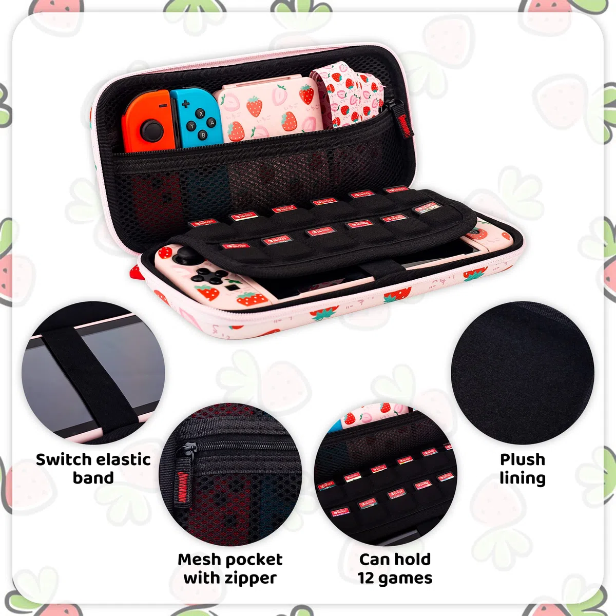 RHOTALL Bonita funda de transporte de fresa para Nintendo Switch, funda de viaje portátil rígida para accesorios de Switch con carcasa protectora, correa para el hombro, funda para tarjetas de juego,