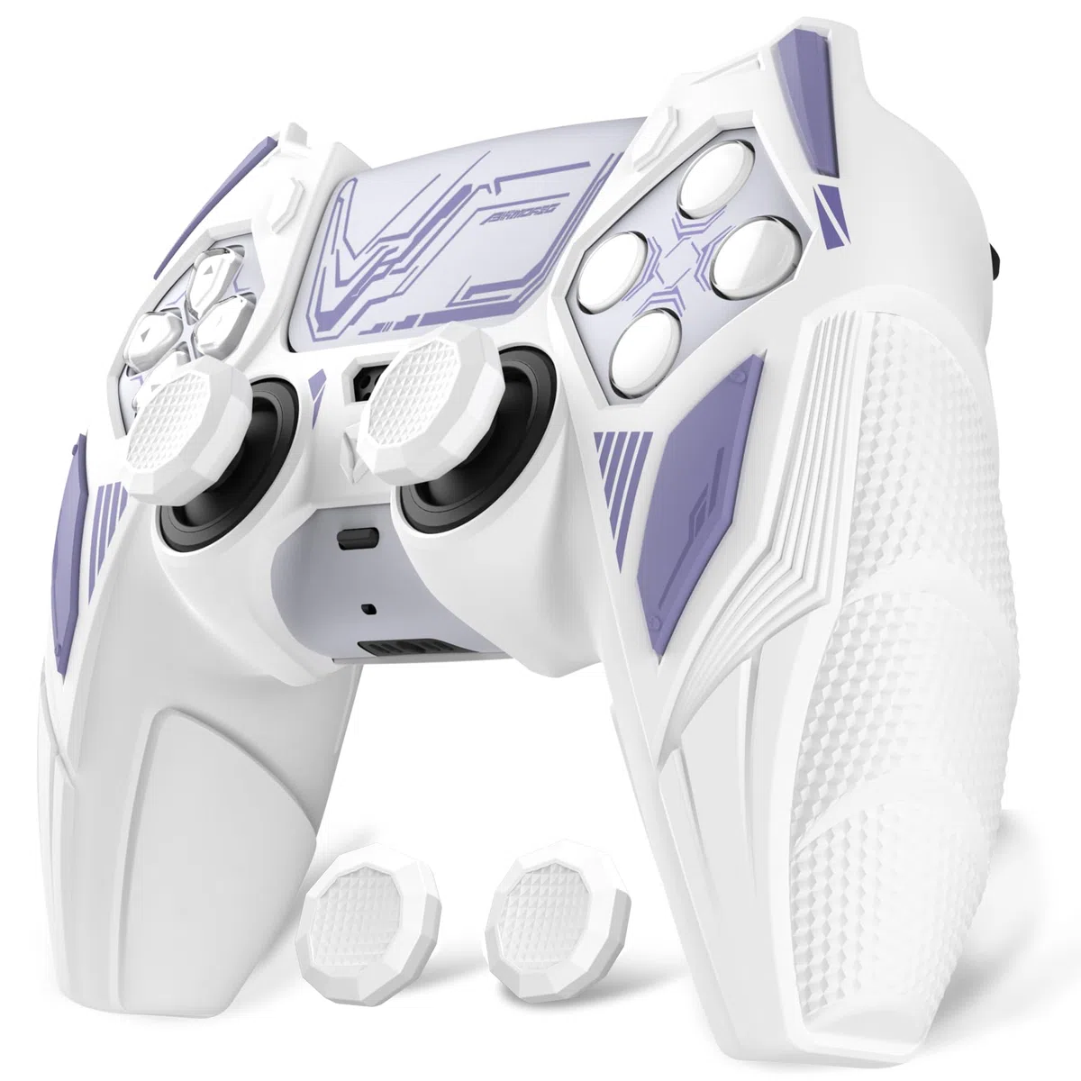 PlayVital Funda de Silicona para ps5 Mando - Carcasa Protectora con Tapas para Pulgar y Pegatinas, Accesorio Antideslizante Compatible con Estación de Carga - Mecha Rhino (Blanco & Violeta Claro)