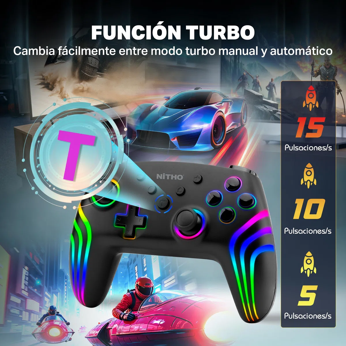 NITHO NEXUS DARK OPS Mando Inalámbrico Compatible con Switch/Switch 2/PC/Android/iOS, Gamepad con Giroscopio de 6 Ejes, Luz LED RGB, Vibración Dual, Turbo, Joystick con Diseño Ergonómico - Negro