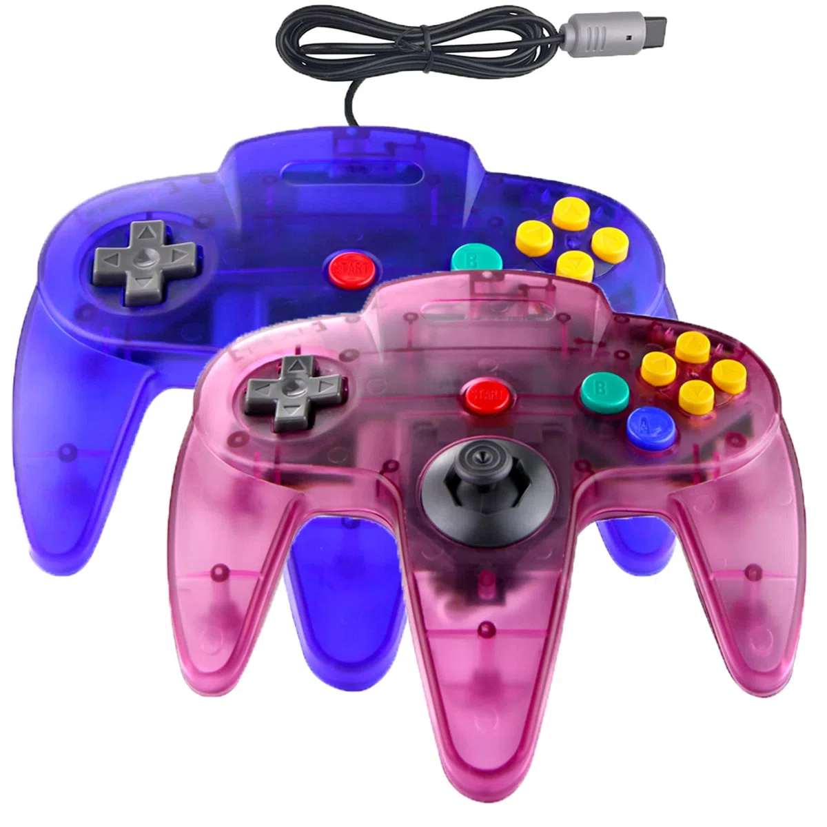 Hovlian Paquete de 2 mandos clásicos, con cable de 64 bits para consola N64 (azul transparente y morado transparente)