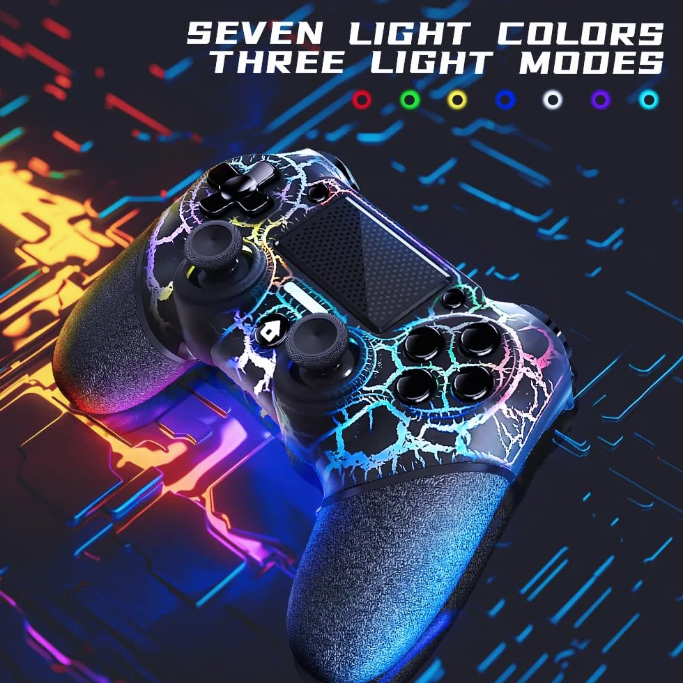 AceGamer OLED Mando Inalámbrico para PS4, Crack Negro Diseño Personalizado con Luz RGB, Batería de 1000mAh, Jack de Audio de 3.5mm y Función Turbo, Compatible con PS4/Slim/Pro y Windows PC