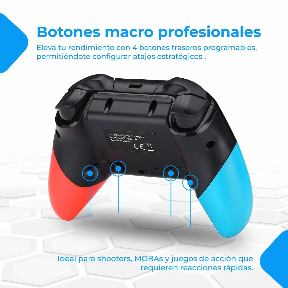 NK Mando PRO Switch Inalámbrico- Wireless Pro Switch Controller con Función Macro/Wake/Turbo/Gyro Axis/Doble Vibración/RGB Light - Color Negro/Rojo/Azul