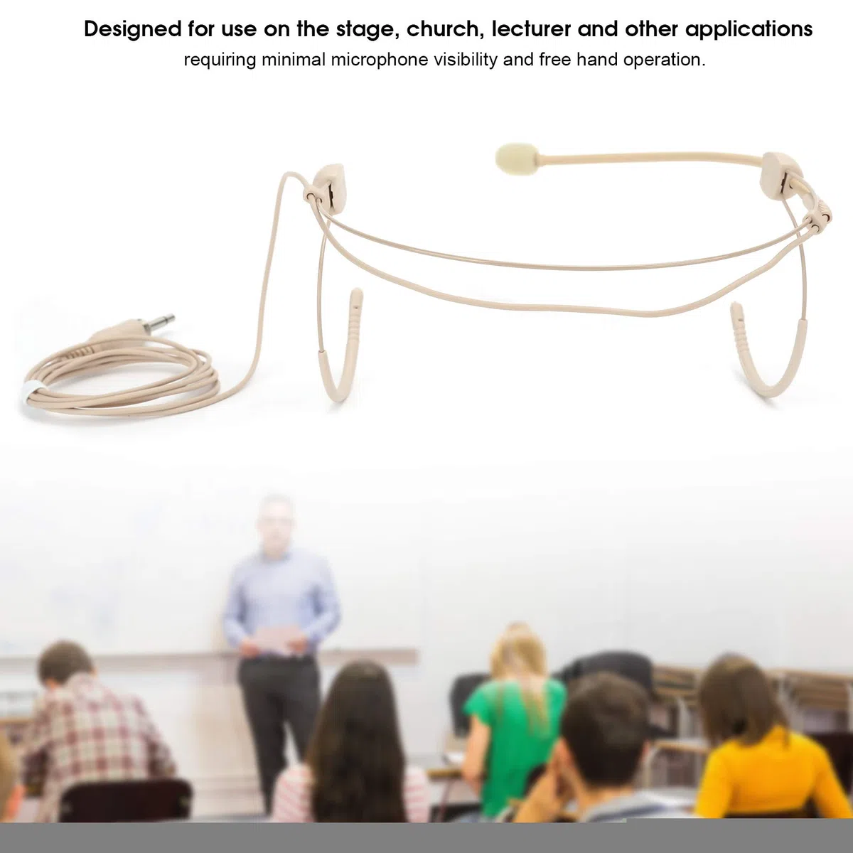 Micrófono de diadema de 3.5 mm, mini micrófono de condensador colgante binaural portátil, micrófono de diadema para transmisor de petaca para escenario, iglesia, Leturer - Beige
