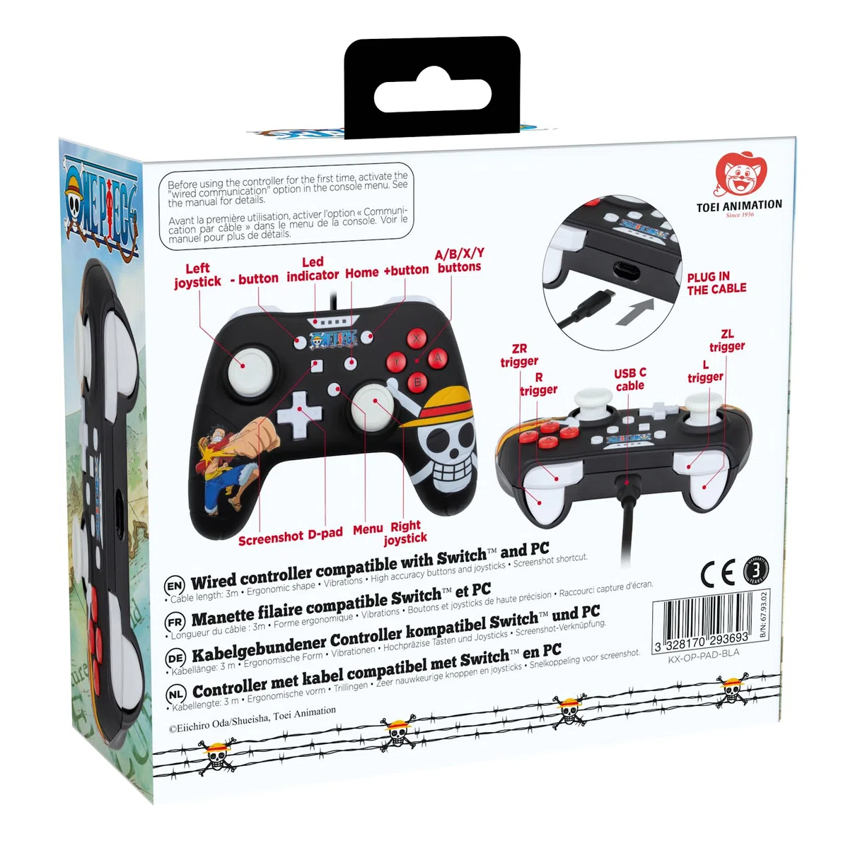 Konix Mando One Piece con cable para Nintendo Switch, Switch OLED y PC, función de vibración, cable de 3 m, diseño Luffy, color negro