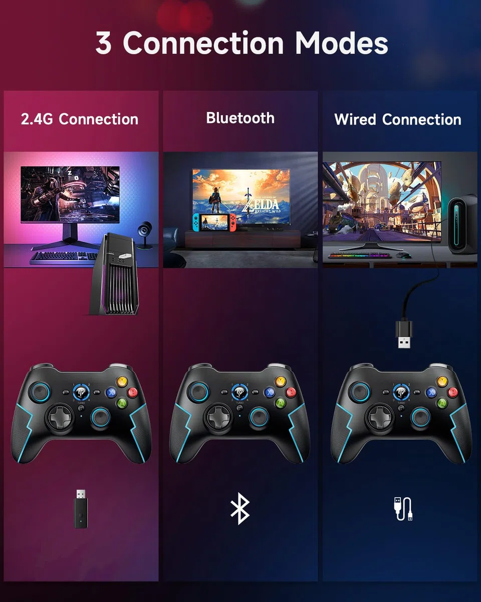 EasySMX 2.4G/Bluetooth Mando PC Inalambrico con Hall Trigger - Turbo - Vibración - Batería Incorporada - para PC/PS3/Switch/Android TV Box/Móvil/Tableta/Portátil - Negro con Azul