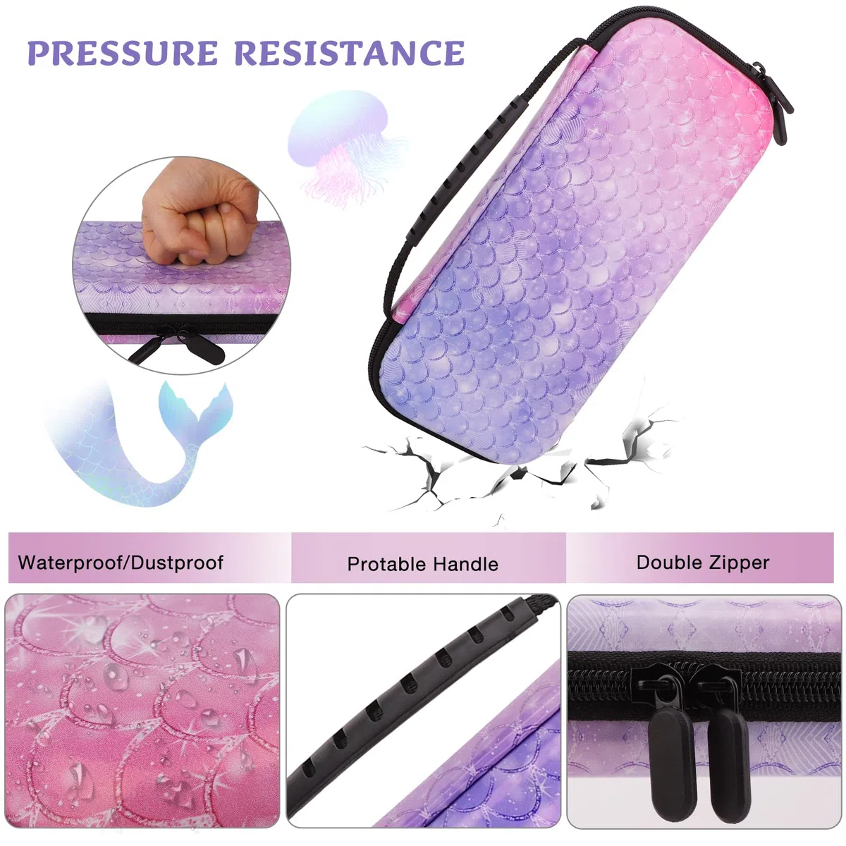 JYPS Sirena Funda para Nintendo Switch, Estuche de Transporte para Accesorios de Consola y Tarjetas de Juego, Rígido Bolsa de Viaje Protectora con asa para Switch para niñas(Morado)