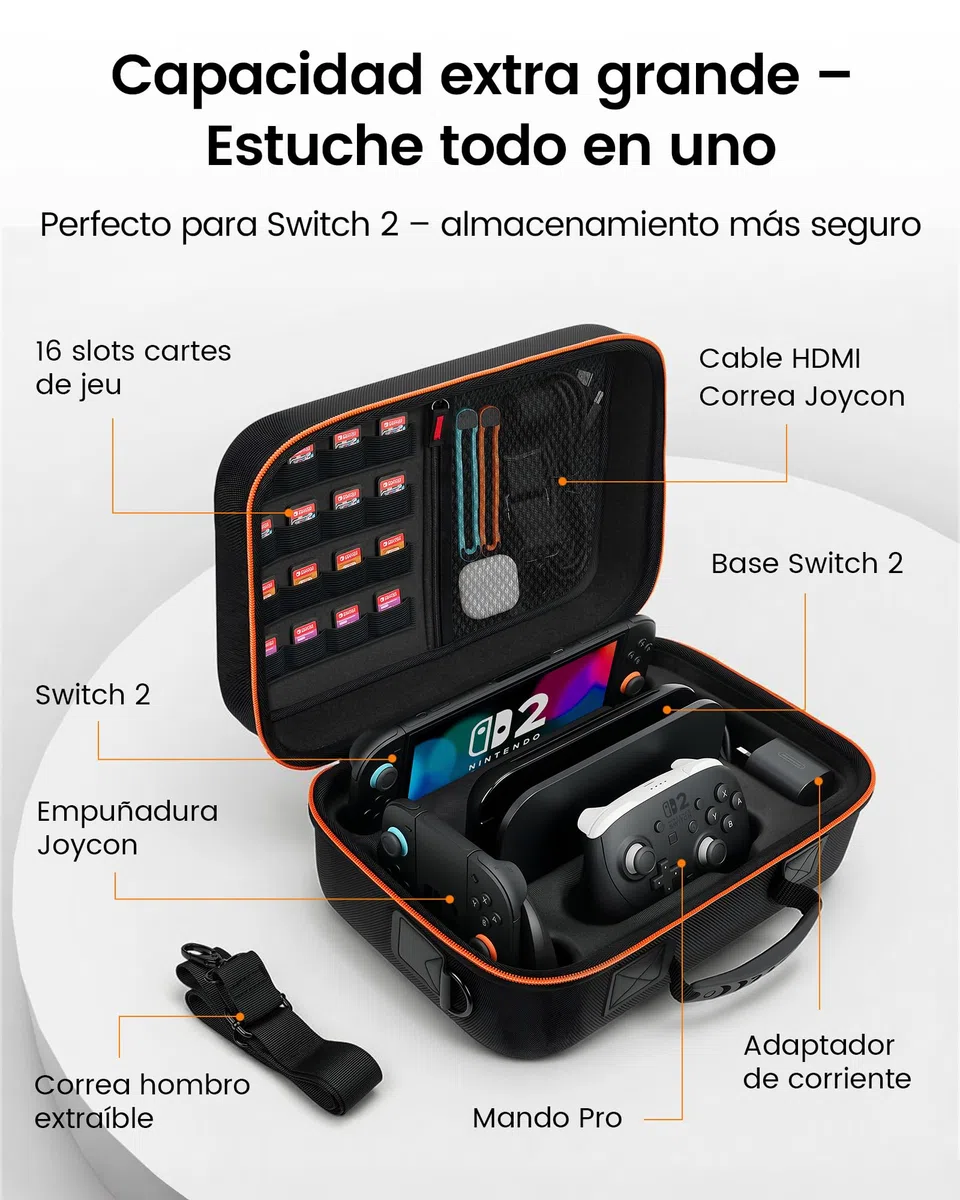 Funda Grande Compatible con Nintendo Switch 2 2025, Estuche Rígido de Transporte con 16 Ranuras para Tarjetas, Funda Protectora Antigolpes para la Consola Switch 2 y Otros Accesorios Switch 2