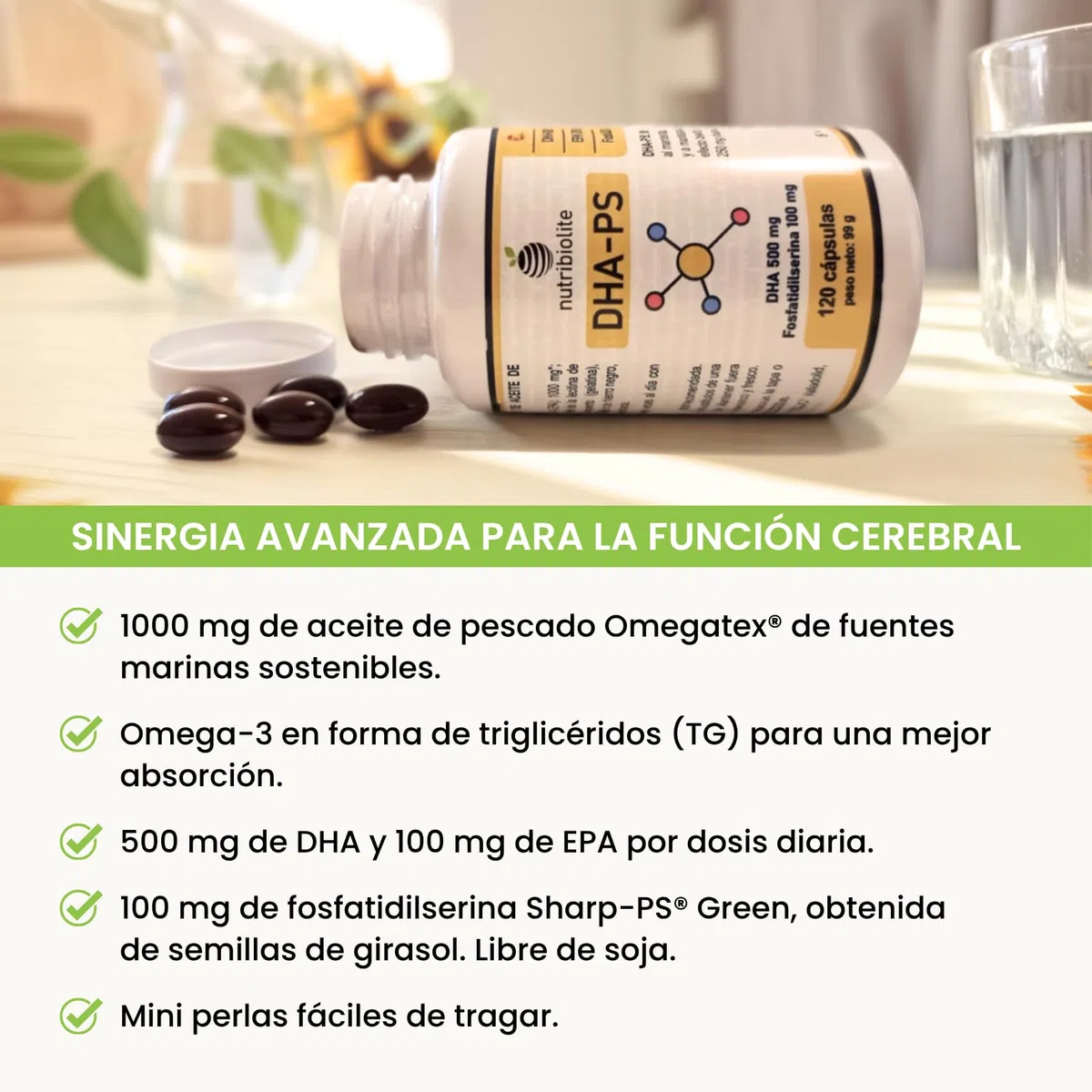 500 mg Omega 3 DHA TG (Triglicéridos) + 100 mg Fosfatidilserina Sin Soja - Memoria y Concentración - Embarazo y Lactancia - Alta absorción - 120 Mini-Perlas | DHA-PS Nutribiolite