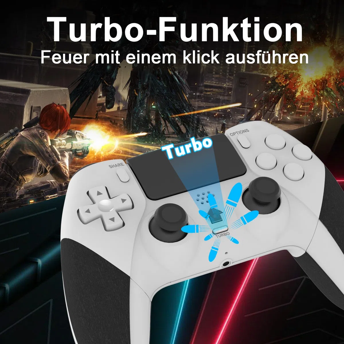 Shiptree Mando para PS-4, Mando Inalámbrico para PS4/Pro/Slim/PC con Doble Vibración, Turbo, Sensor Giroscopio, Panel Táctil, Audio Jack (Blanco)