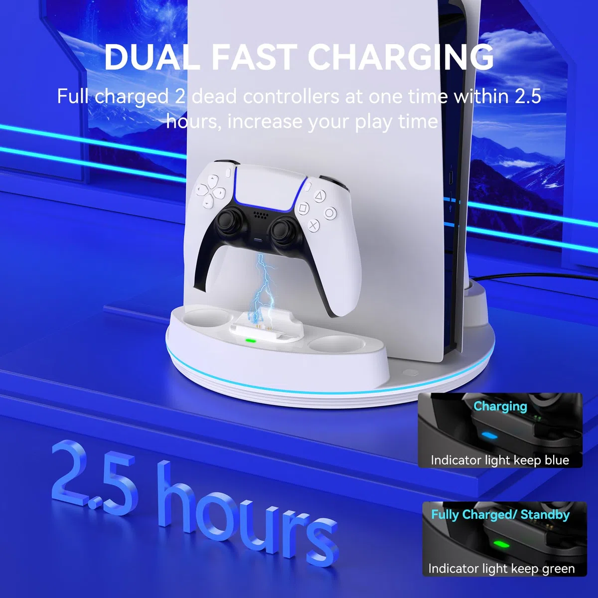 NEWDERY Soporte para PS5/PS5 Slim/PS 5 Pro, estación de Carga de Controlador Dual con luz RGB para PlayStation 5, Soporte Vertical para Consola Digital PlayStation 5/Disco, Color Blanco