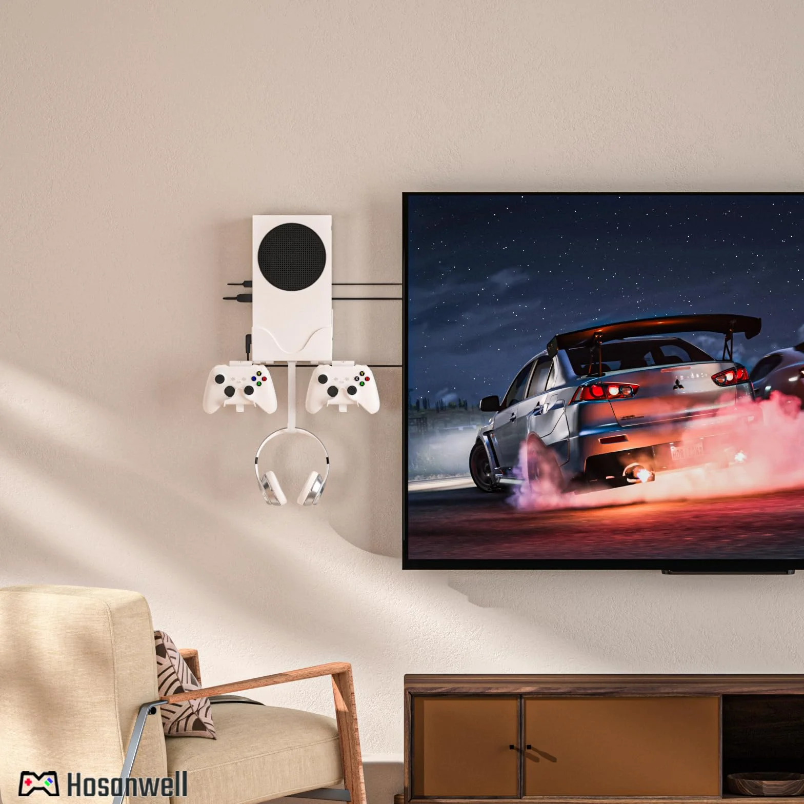 Hosanwell Soporte Pared para Xbox Series S, Montaje Pared para Consola, Controlador y Auriculares, Soporte Sólido con Tornillos y Orificio de Ventilación para una Fácil Instalación