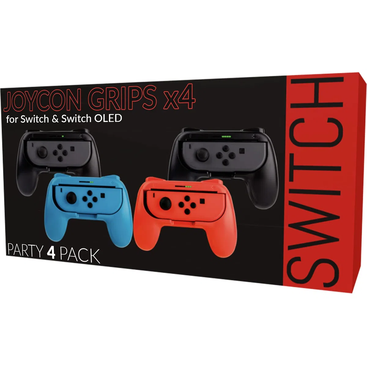 Orzly Switch Mandos Grip Joy-con (Party Pack de 4 Mandos Compatibles con Super Smash Bros Ultimate para Nintendo Switch) 4 Mandos Grip para Juegos Multijugador (1x Rojo, 1xAzul, 2X Negros)