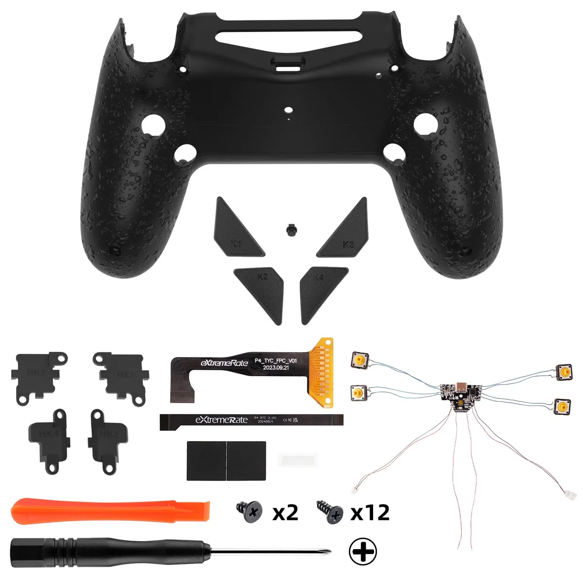 eXtremeRate Dawn Tipo C Versión Remap Kit para ps4 Slim Pro JDM-040/050/055 Mando con 6 Perfiles de Mapeo Carcasa Trasera Rediseñada y 4 Botones Traseros-Sin Controlador(Salpicaduras Negras)