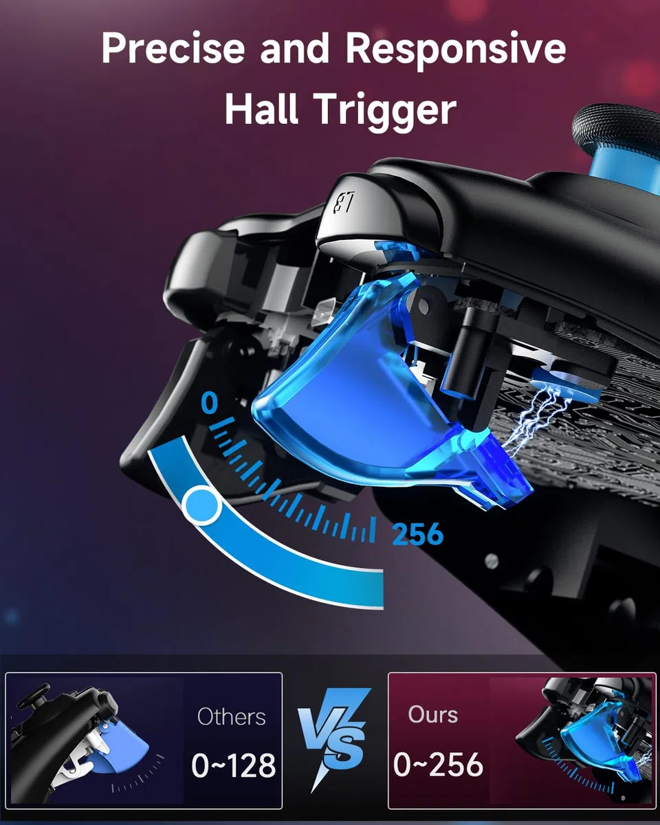 EasySMX 2.4G/Bluetooth Mando PC Inalambrico con Hall Trigger - Turbo - Vibración - Batería Incorporada - para PC/PS3/Switch/Android TV Box/Móvil/Tableta/Portátil - Negro con Azul