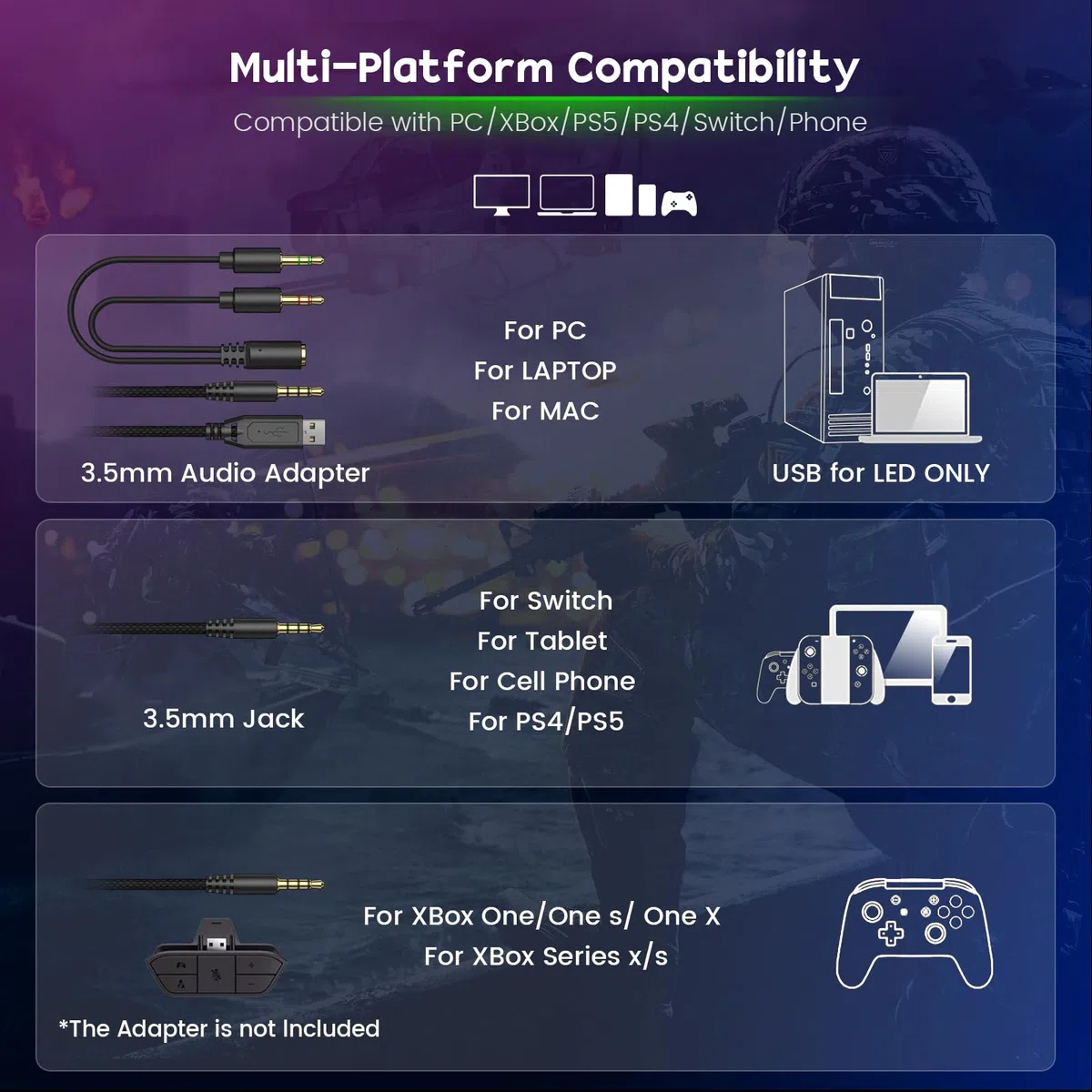 WESEARY Cascos Gaming, Auriculares Gaming Estéreo con Micrófono para PS4/PS5/PC/Xbox One/Switch, Cascos con Cable y Conector de 3.5mm, Luz RGB Genial para Cancelación de Ruido