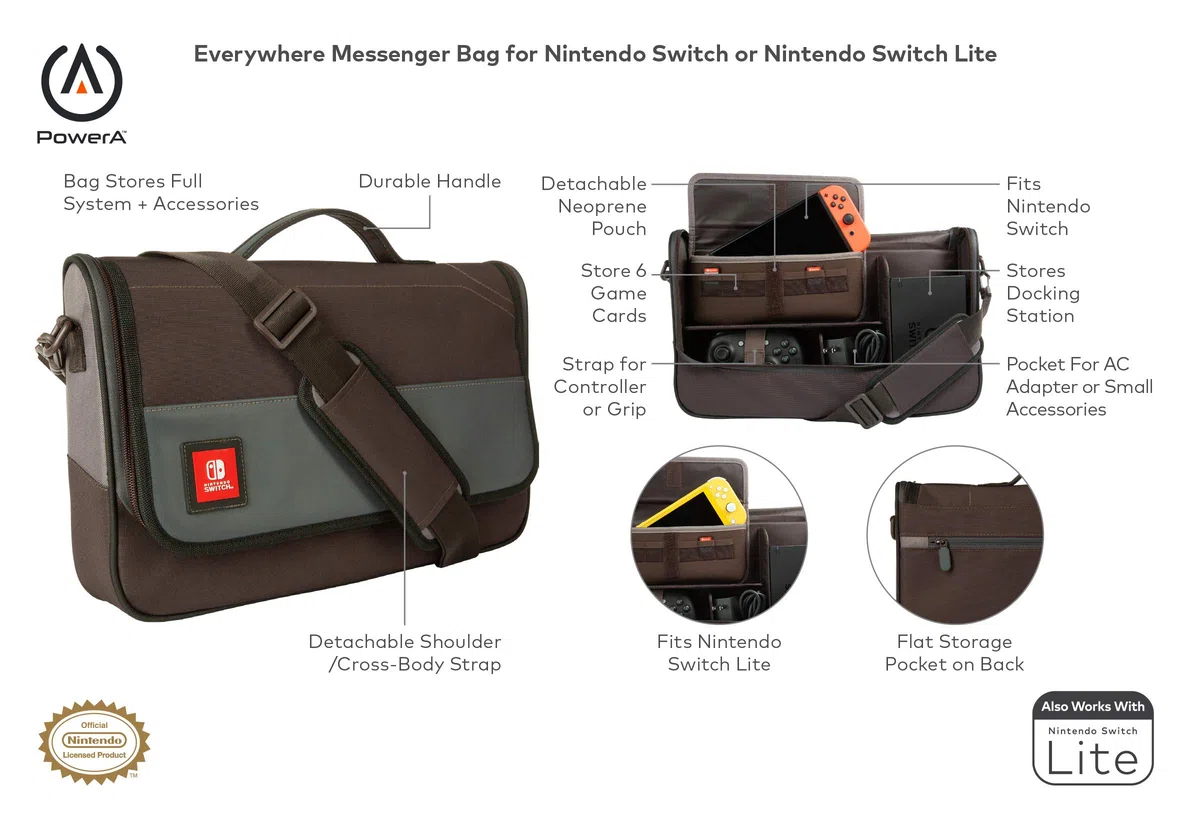 PowerA - Bolso bandolera para Nintendo Switch o Nintendo Switch Lite, con estuche de transporte y estuche para accesorios