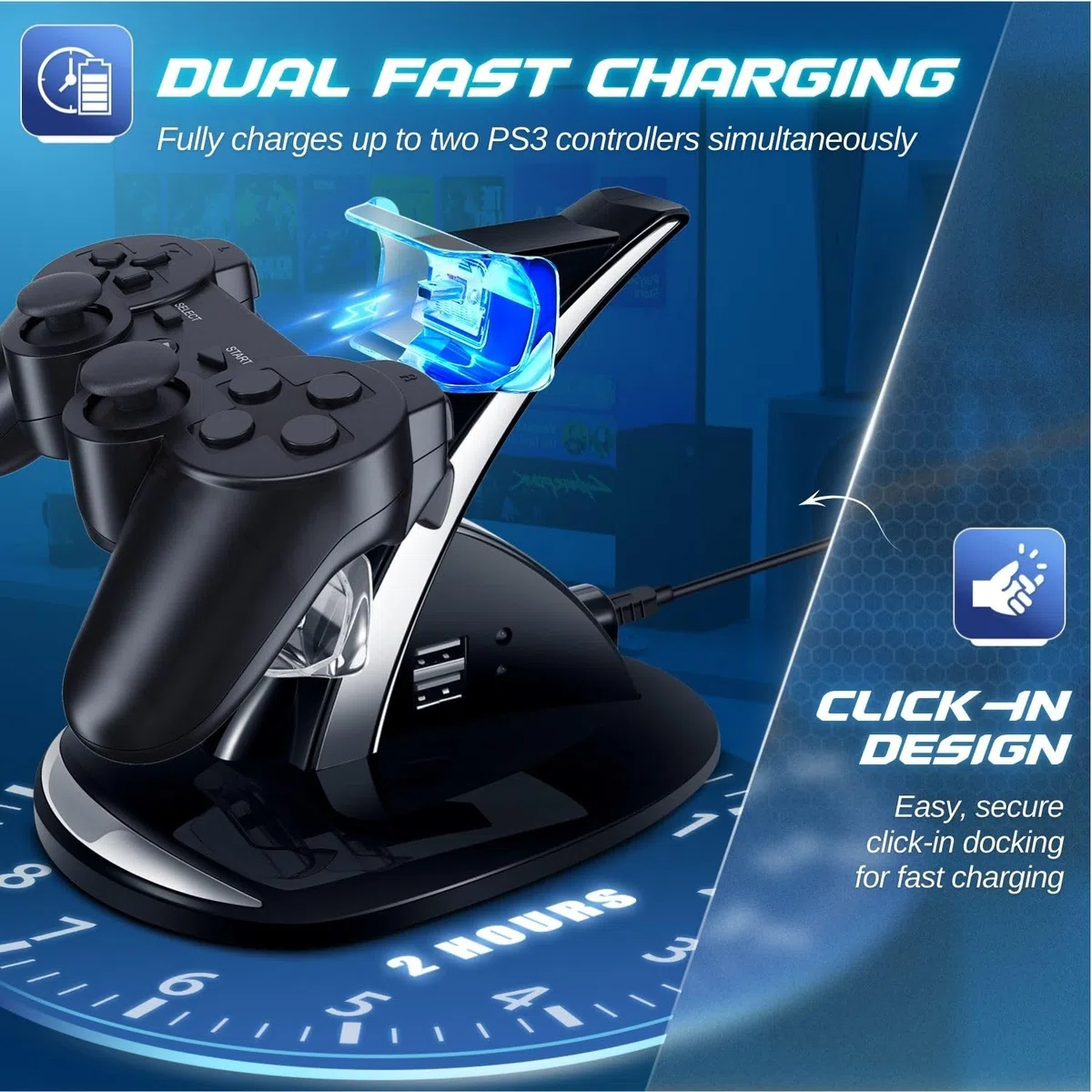 Base de Carga para Controlador PS3 de TNP para Sony PlayStation 3 Controlador Dualshock 3 Carga, Estaci�n de Acoplamiento de 2 Niveles y 2 Puertos compatibles con Cable USB PS3 con