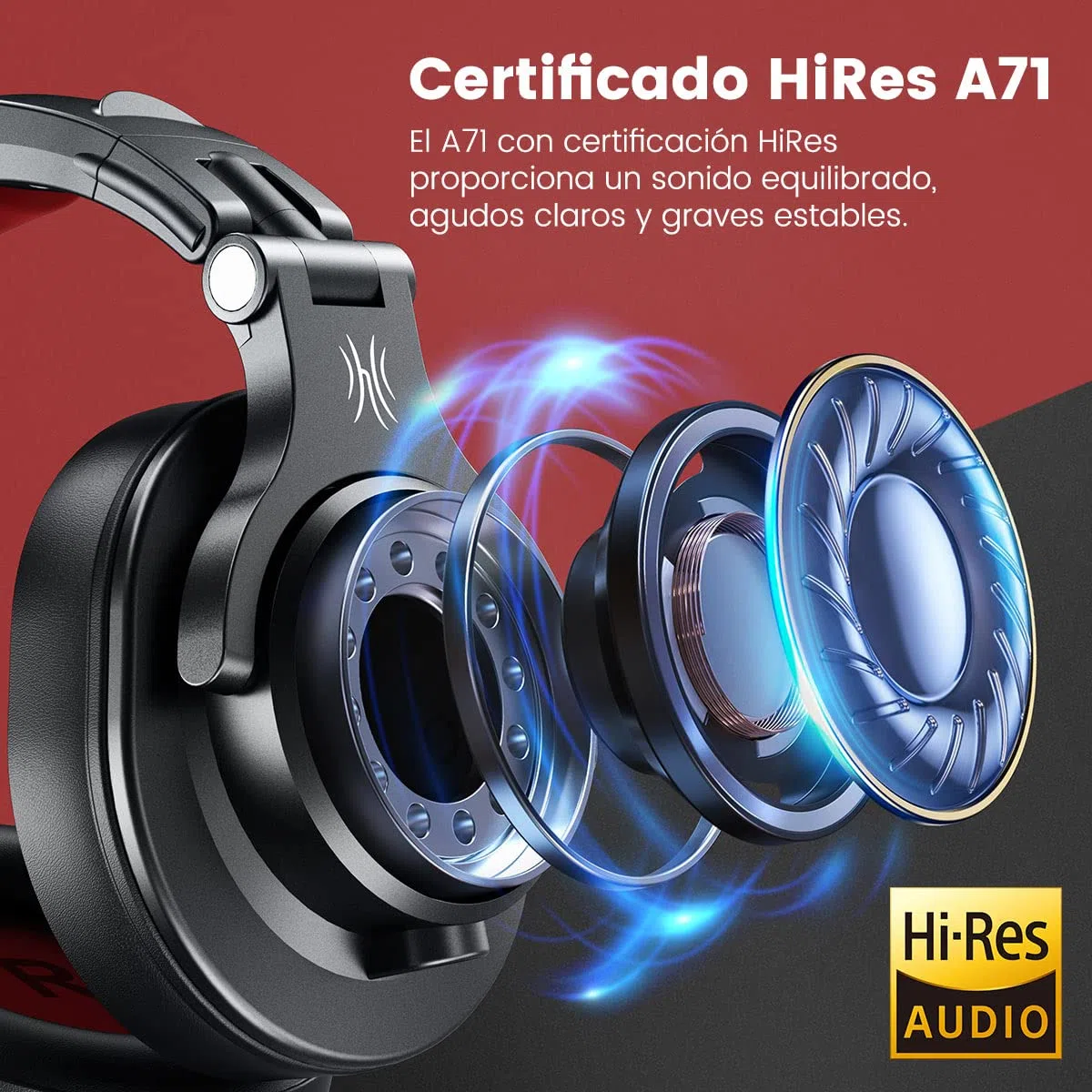 Auriculares OneOdio sobre la oreja, auriculares DJ con cable, auriculares HiFi de estudio con puerto compartido para monitor de grabación AMP de guitarra de piano e-drum (Rojo2)