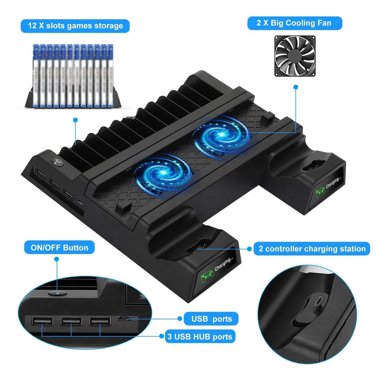 EEEKit Soporte con Ventilador para PlayStation 4, PS4 Pro Ventilador de Refrigeración para PS4 Slim con Estación de Carga para 2 Mandos, Hub USB, Almacenamiento para 12 Juegos