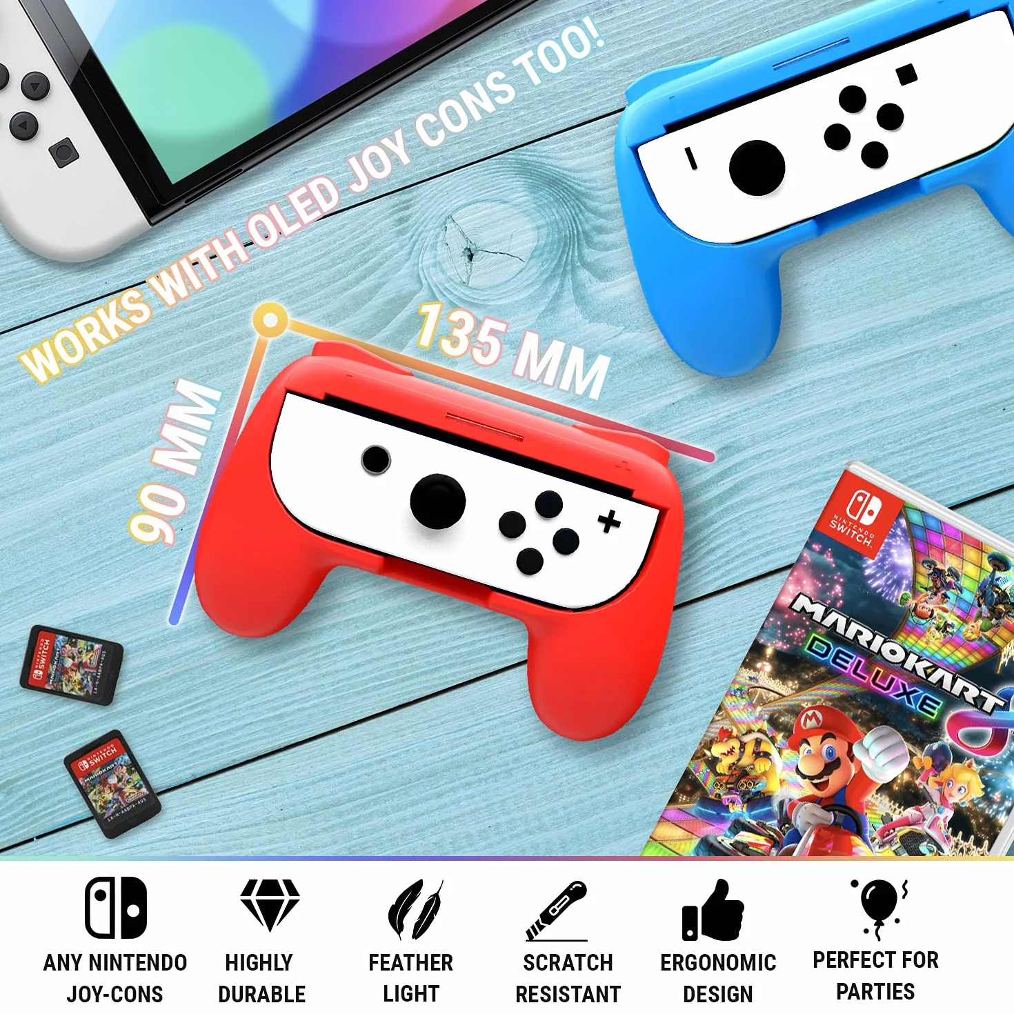 Orzly Switch Mandos Grip Joy-con (Party Pack de 4 Mandos Compatibles con Super Smash Bros Ultimate para Nintendo Switch) 4 Mandos Grip para Juegos Multijugador (1x Rojo, 1xAzul, 2X Negros)