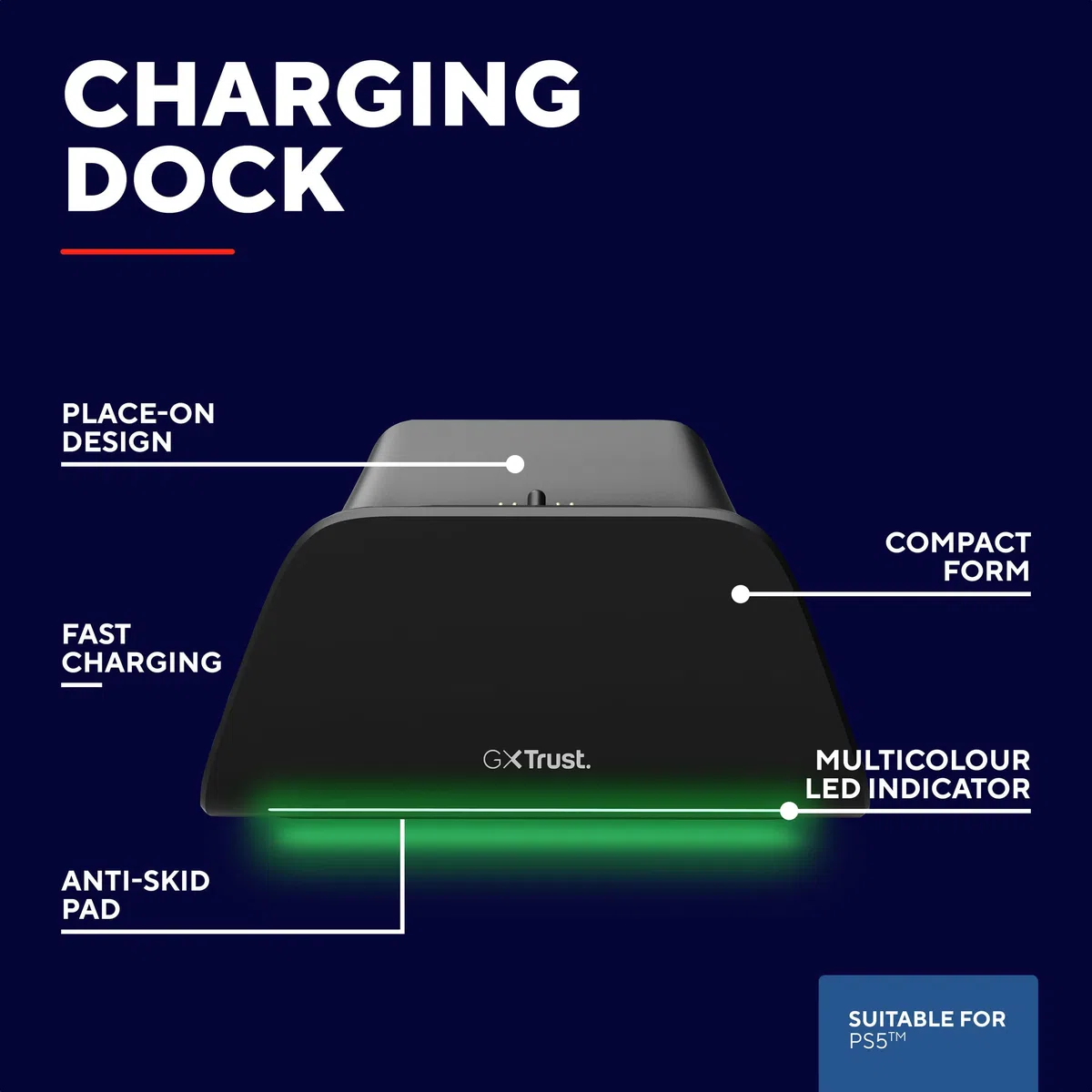 Trust GXT 255 Cargador Mando PS5 DualSense, Cargador PlayStation 5 con Diseño Place-on, Carga Rápida, Iluminación LED, Alfombrilla Antideslizante, Cable USB-C-C Incluido, Accesorios PS5, Negro