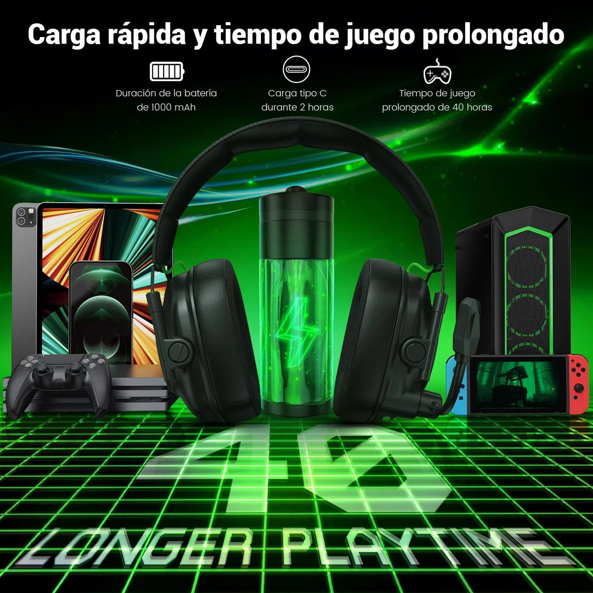Krysenix KGH2 Cascos Gaming Inalámbricos, 2.4 GHz Auriculares Gaming para PS4, PS5, PC, Mac, Switch, Auriculares Bluetooth con Micrófono, Cancelación de Ruido, Luz LED y Duración 40Hr+, Negro