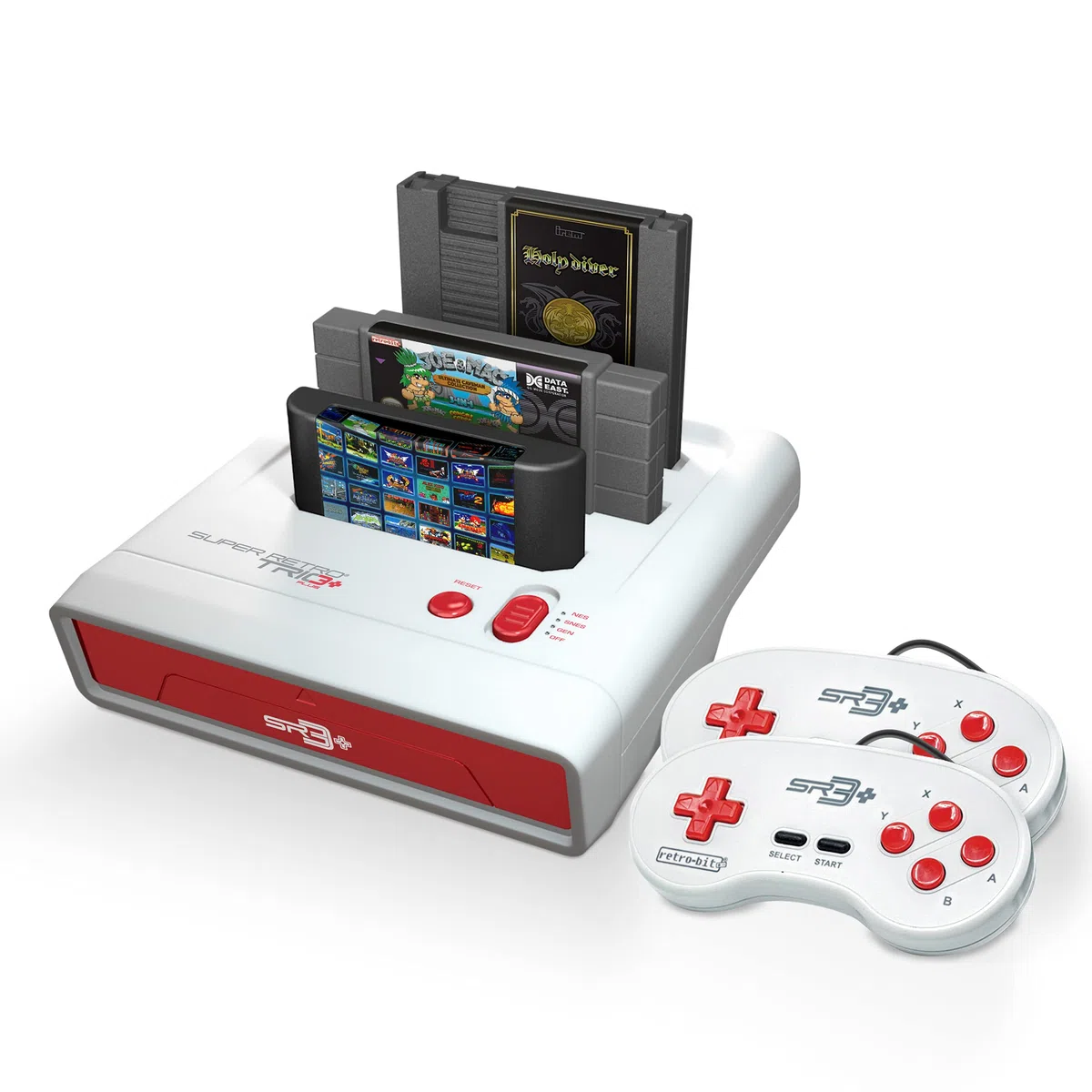 Retro-Bit Super Retro Trio HD Plus 720P - Sistema de consola 3 en 1 - Puerto HDMI - para juegos originales NES/SNES, Super Nintendo y Sega Genesis - Rojo/Blanco