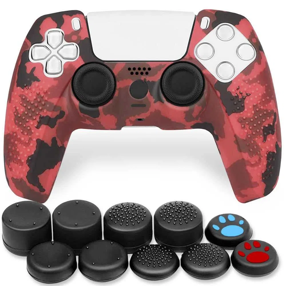 OcioDual Funda de Silicona Compatible con Mando PS5 Camuflaje Rojo Carcasa Anti Caídas Golpes Goma Flexible Cubierta Estuche