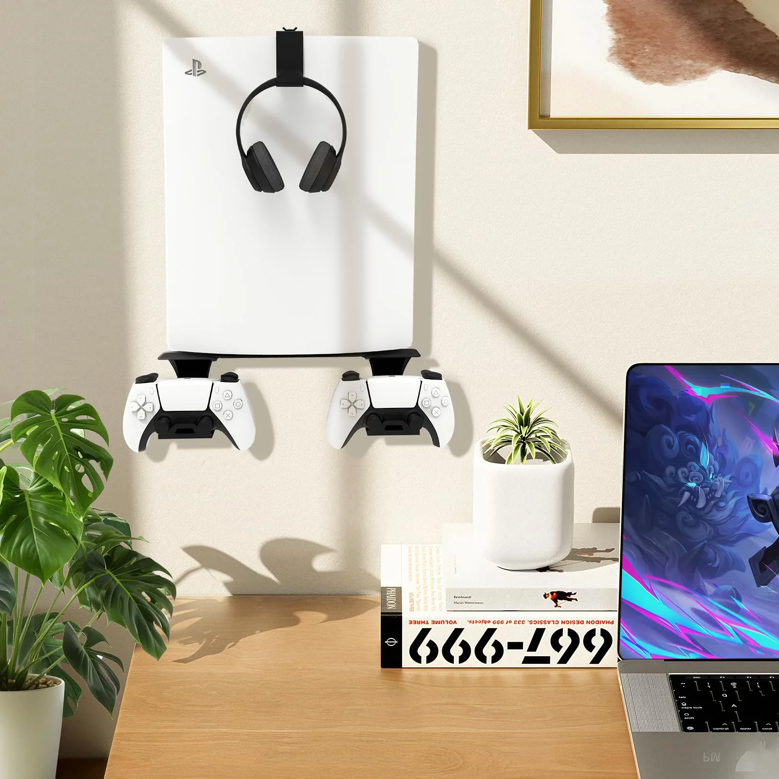 Soporte de Pared para PS5/PS5 Slim/PS5 Pro Soporte de Pared para Consola PS5/PS5 Slim con Soporte para Controlador y Soporte para Auriculares - Accesorios PS5 de Metal sólido - Negro