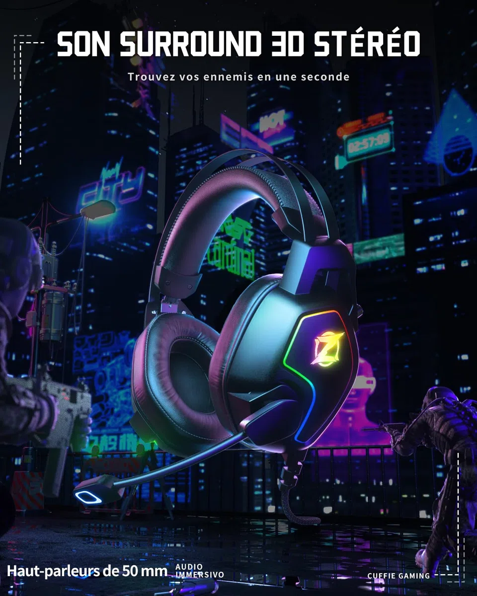 Ozeino - Auriculares de Juego para Ps5 Ps4 PC Xbox Switch, Auriculares de reducción de Ruido con micrófono, luz RGB, Diadema con suspensión automática y Auriculares Jack de 3,5 mm