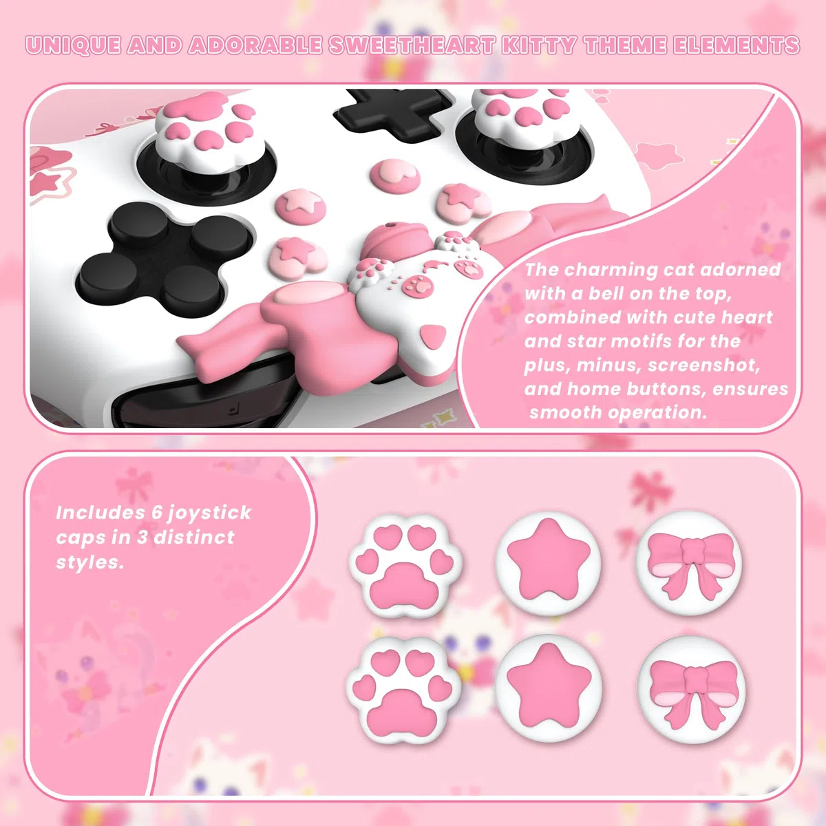 PlayVital Funda de Silicona para Nintendo Switch Pro - Carcasa Protectora Antideslizante con Tapas de Joysticks y Pegatinas Decorativas, Diseño Sweetheart Kitty (Blanco)