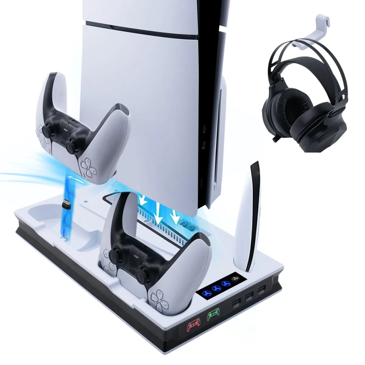 Wigearss PS5/PS5 Slim/PS5 Pro Soporte Vertical Ventiladores de Refrigeración y Estación de Carga de Dual Dontrolador, Soporte Multifuncional con Iluminación LED para Consola PS5/PS5 Slim/PS5 Pro