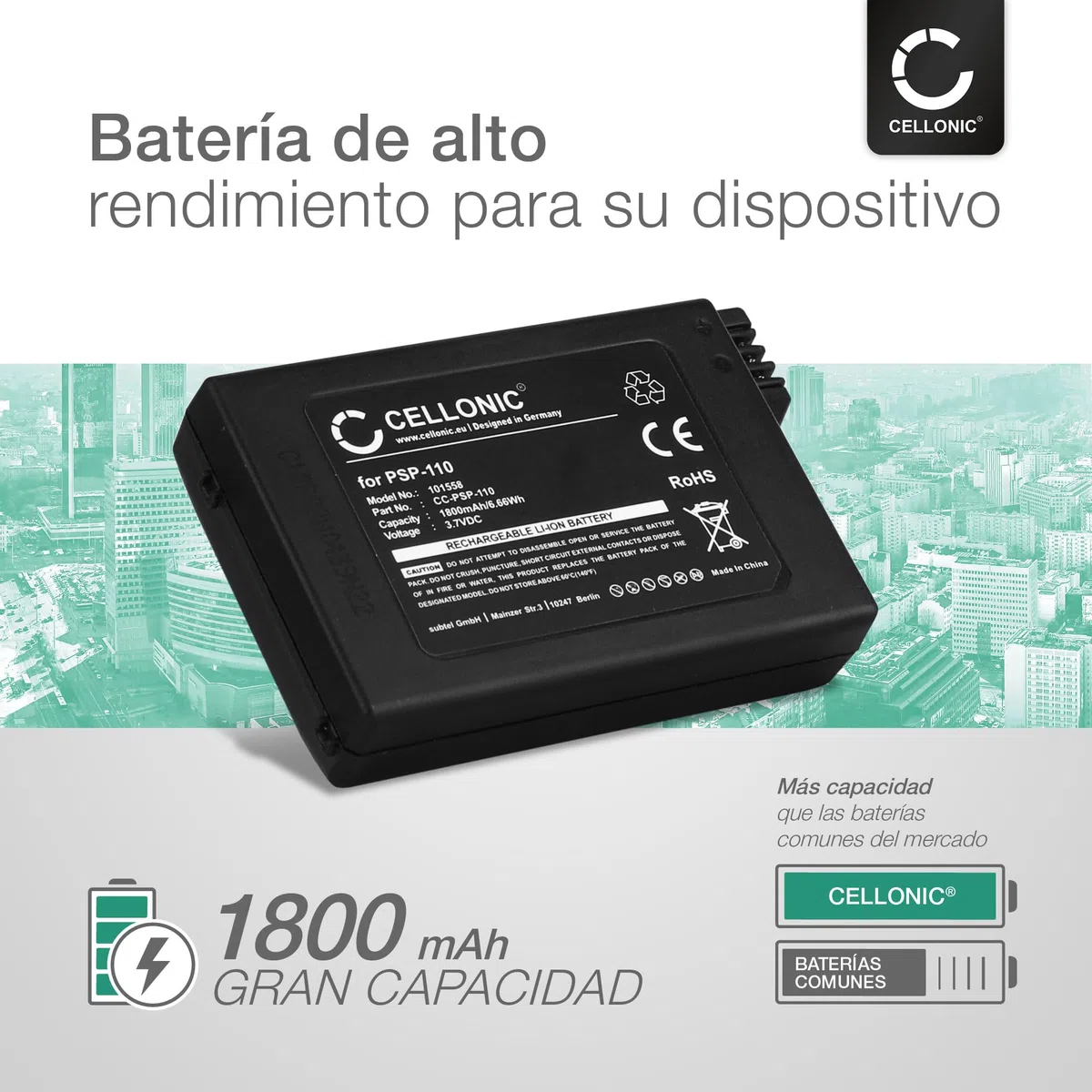 CELLONIC 2X Batería para Videoconsola Compatible con Sony PSP 1, PSP-110 - (1800mAh, 3.7V)