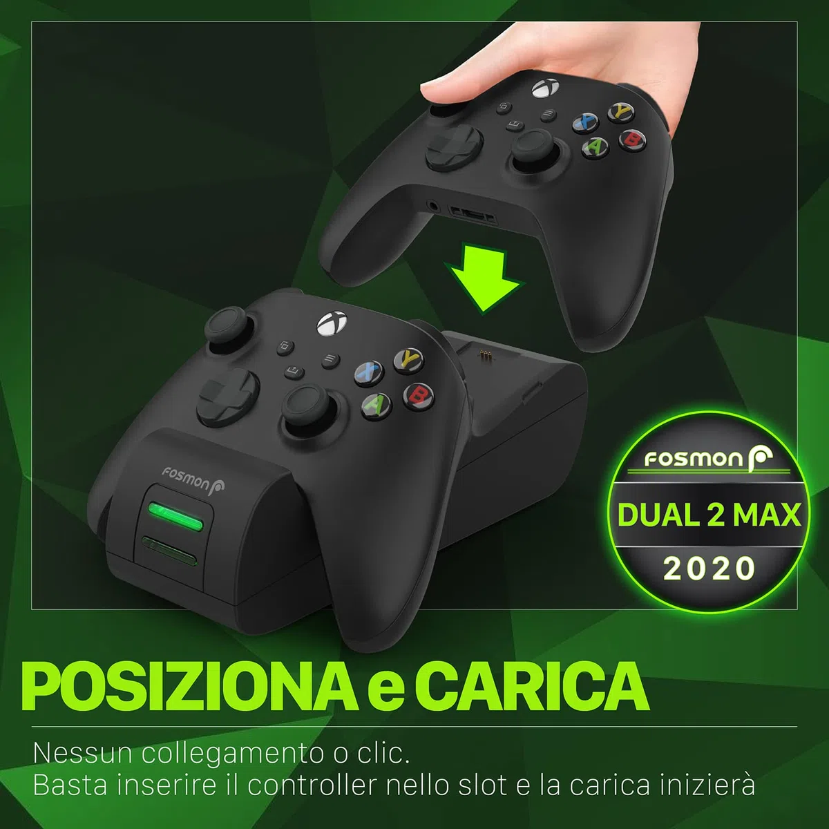 Fosmon Dual 2 MAX Cargador Compatible con Mando Xbox Series X/S (2020), Xbox One/One X/One S Elite Controller, (Doble Estación) Estación de Carga Rápida con 2x 2200mAh Ni-MH Batería Recargable - Negro