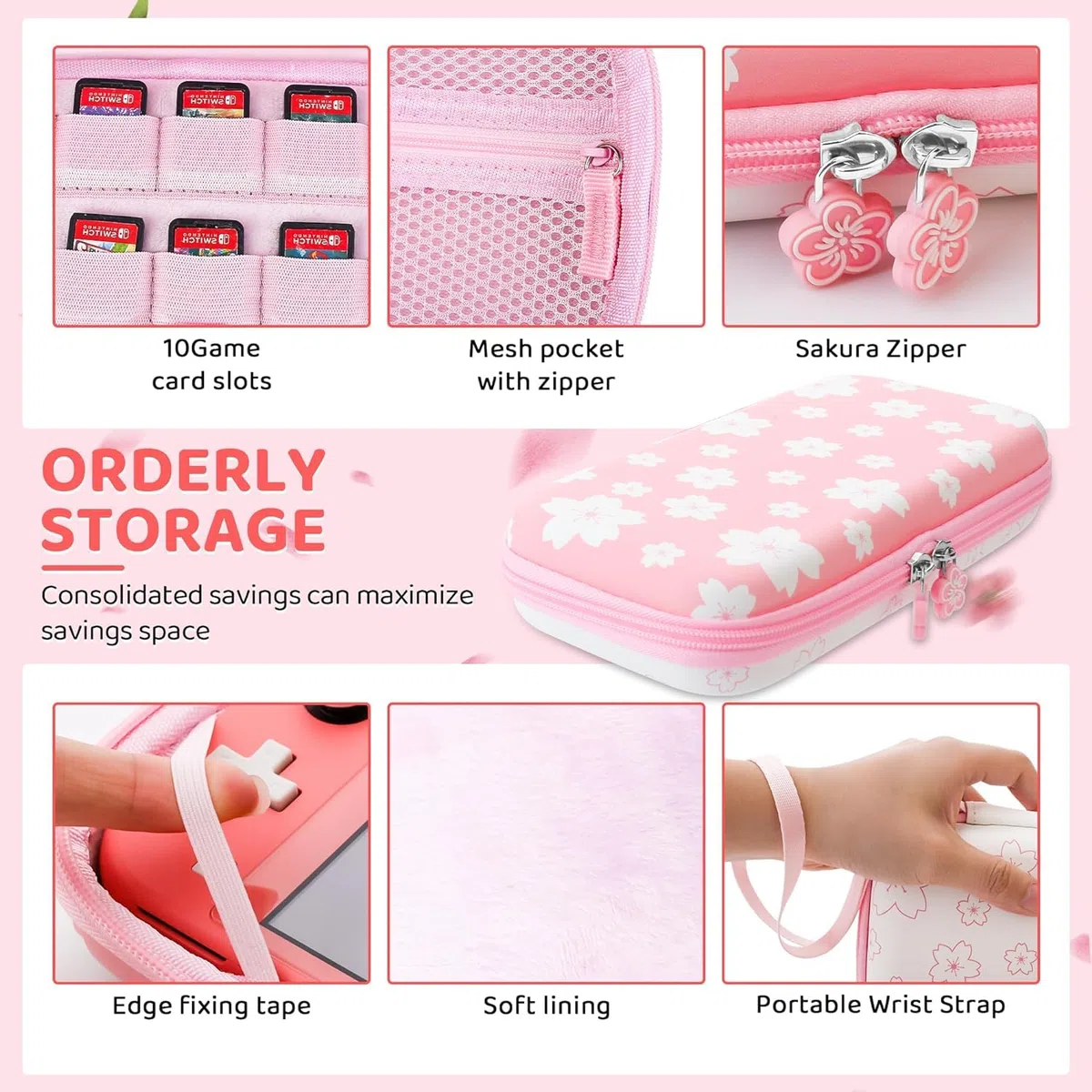 RHOTALL Funda de transporte con diseño de flor de cerezo rosa y blanco para Nintendo Switch Lite, funda de almacenamiento potable para accesorios Switch con funda protectora, protector de pantalla,